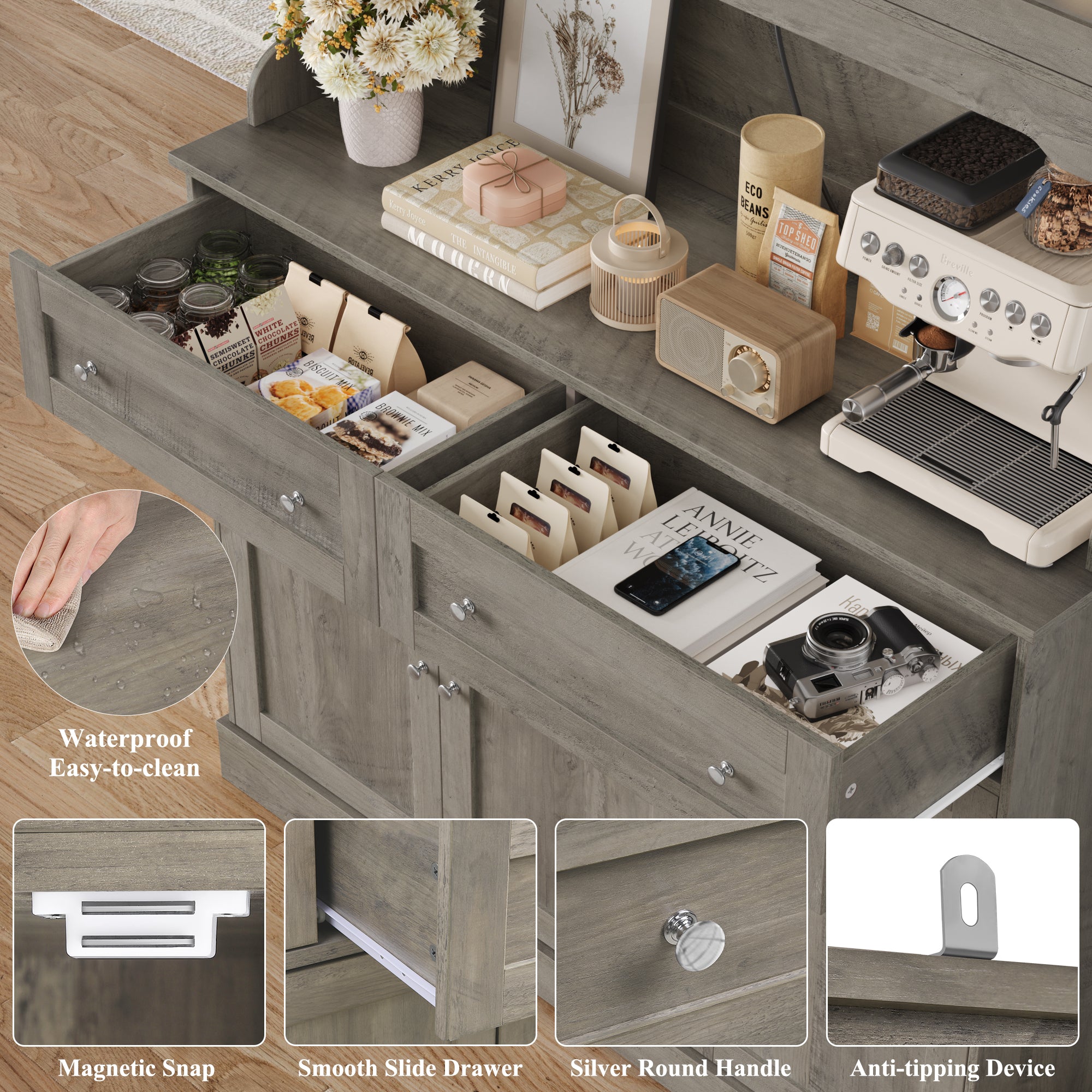 Hiphuta 72” Tall Kitchen Pantry Storage Cabinet with Power Outlet, Freestanding Cupboard Storage Buffet Hutch with Microwave Stand, Storage Pantry with Drawers & Glass Doors, Ash Gray