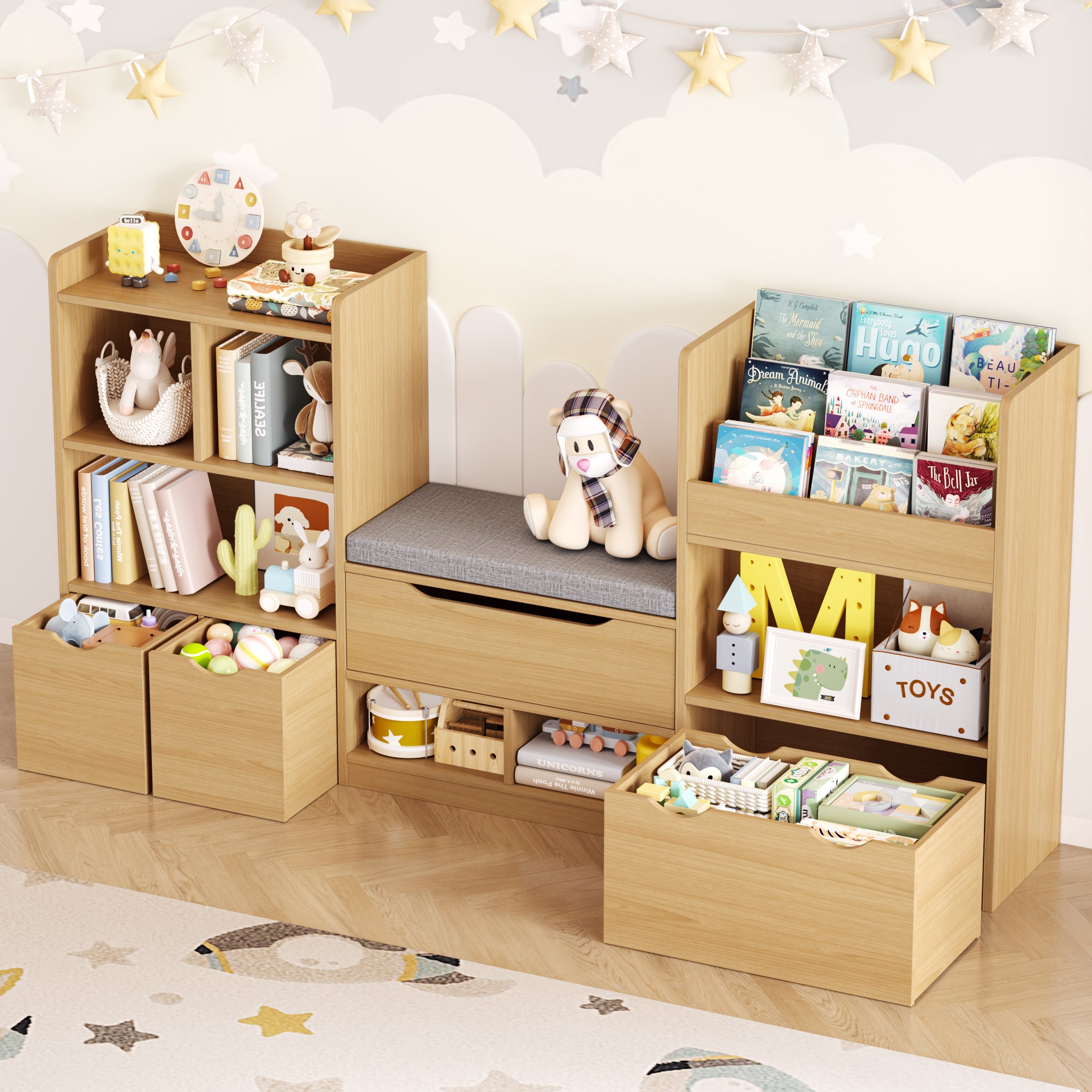 Hiphuta 72"Wide Kids Bookshelf with Reading Nook and Under Bench Storage, Kids Bookcase with Toy Organizer & Book Rack for Kids, Natural