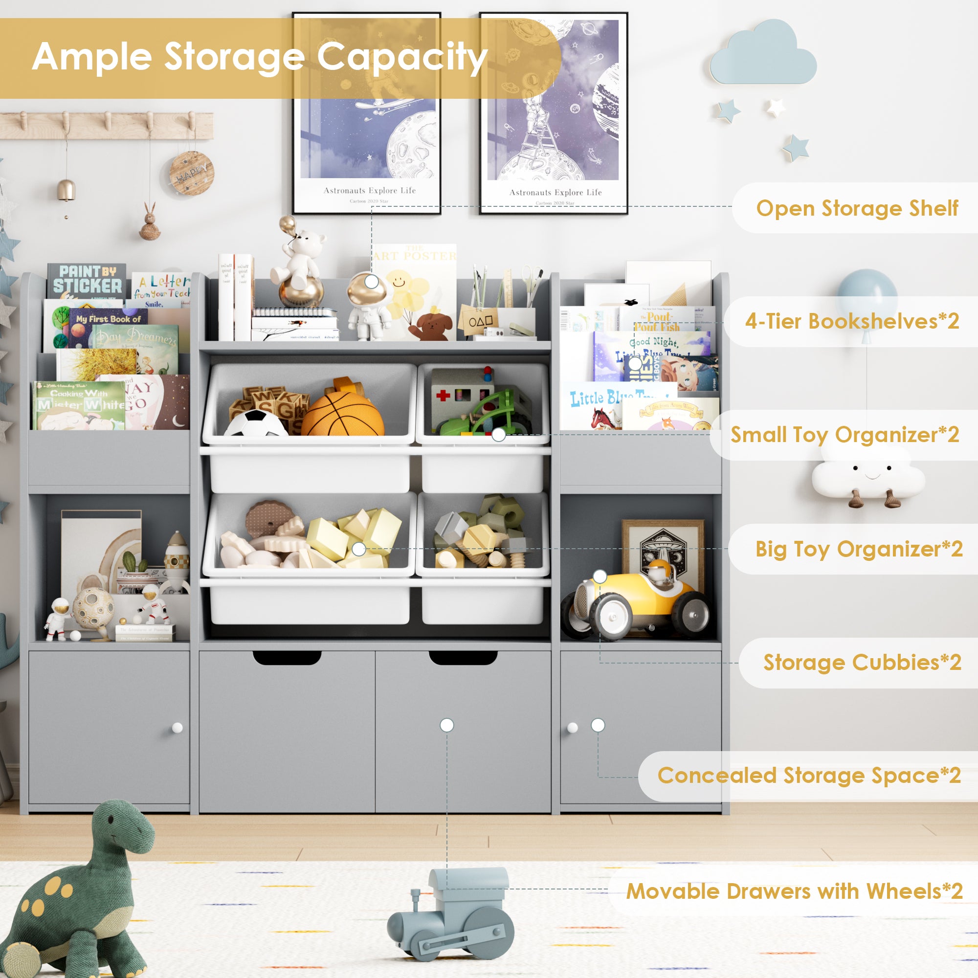 Hiphuta Kid's Toy Storage Organizer, Wood Toy Organizer of 4 Bins& 2 Removable Drawers, Children's Bookcase with Book Rack, Gray