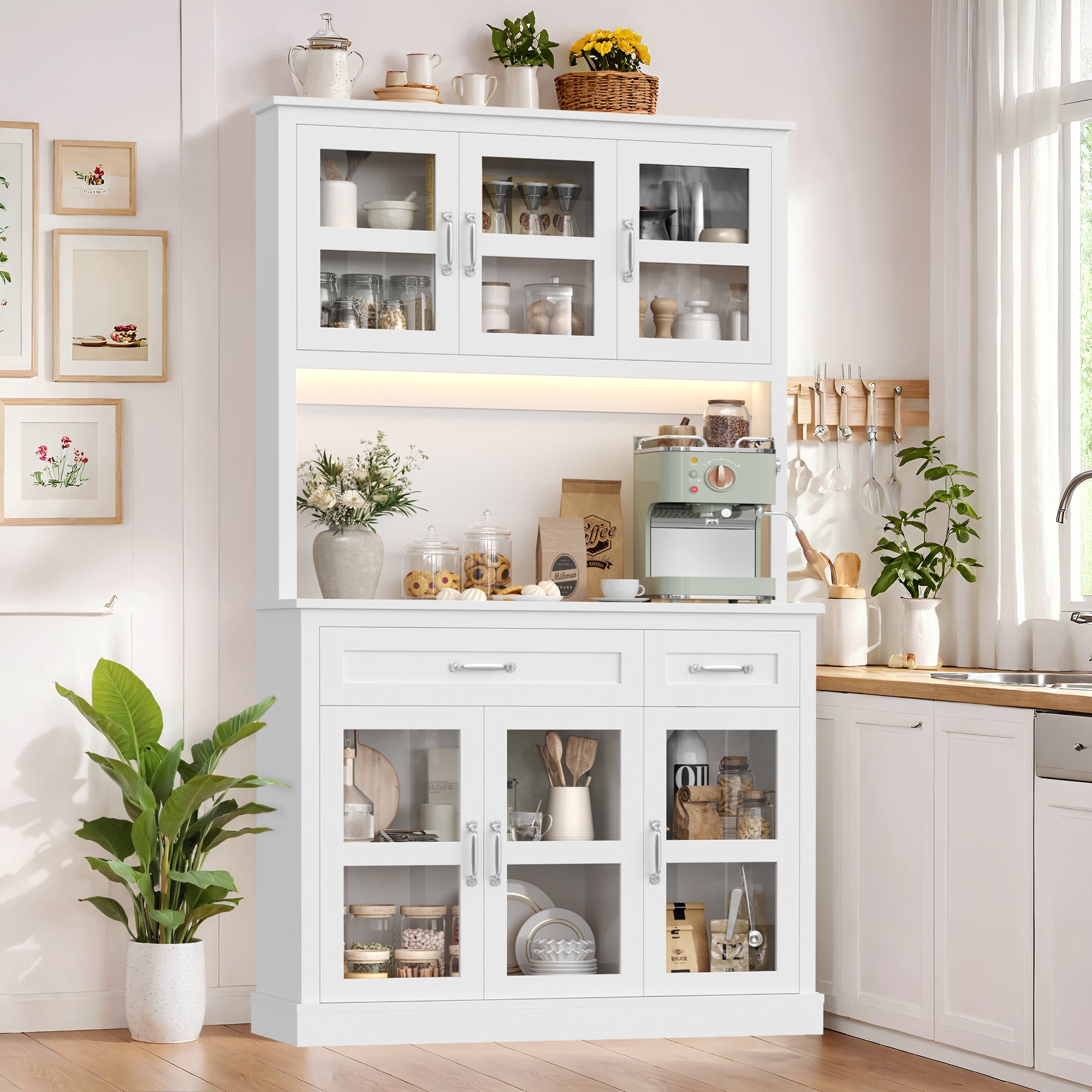 Hiphuta 71" Pantry Cabinet with Charging Station, Kitchen Pantry Storage Cabinet with Microwave Stand & Wine Rack, Kitchen Hutch Cabinet with Storage Drawers, Food Pantry Cabinet with Countertop for Dining Room, White