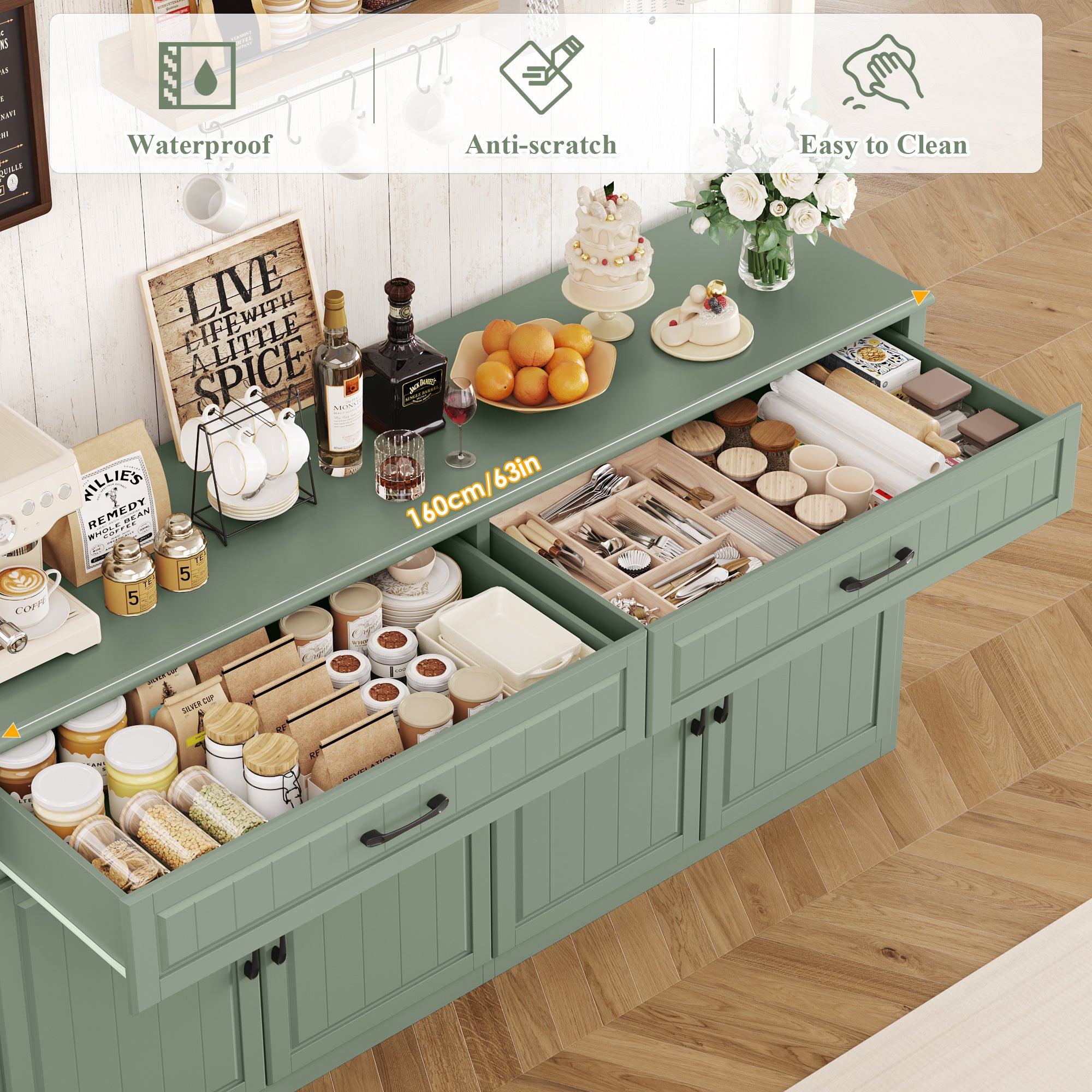 Hiphuta 63"Extended Wide Large Buffet Cabinet with 2 Drawers, Modern Coffee Bar Sideboard with Dusty-proof Base for Living Room and Entryway, Green