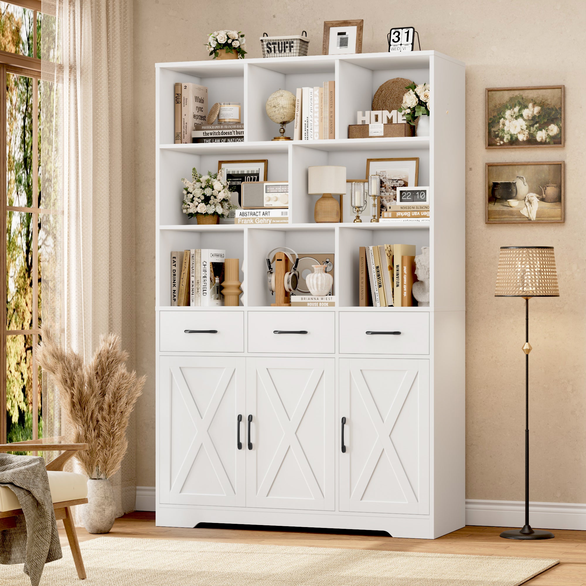 Hiphuta 71" Tall Bookcase with 3 Drawers and Doors, 43" Wide Farmhouse Bookcase with 8 Open Compartments for Office Living Room, White