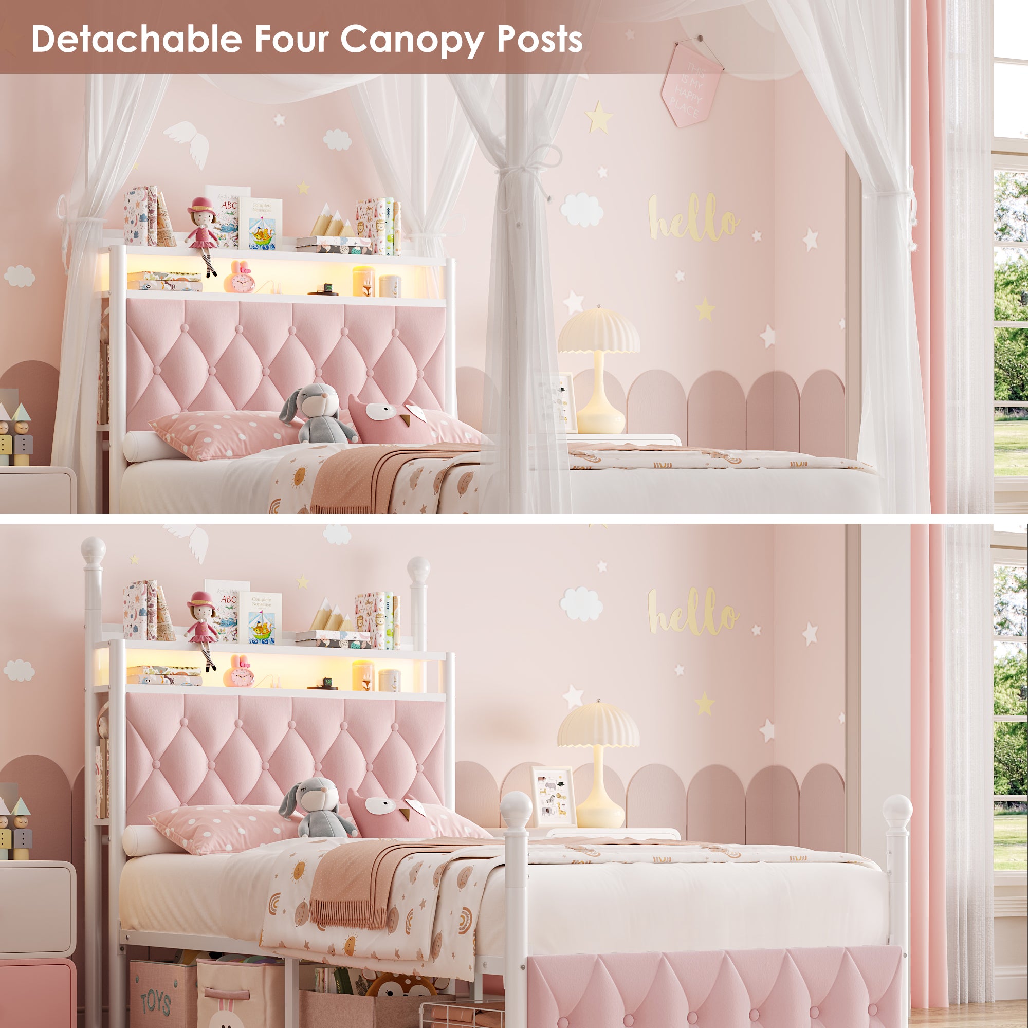 Hiphuta Twin Size Upholstered Princess Canopy Bed with Charging Station & Storage Drawer, LED Platform Bed with 4 Removable Posts, Twin Bed for Kids, Curtain Not Included, Pink
