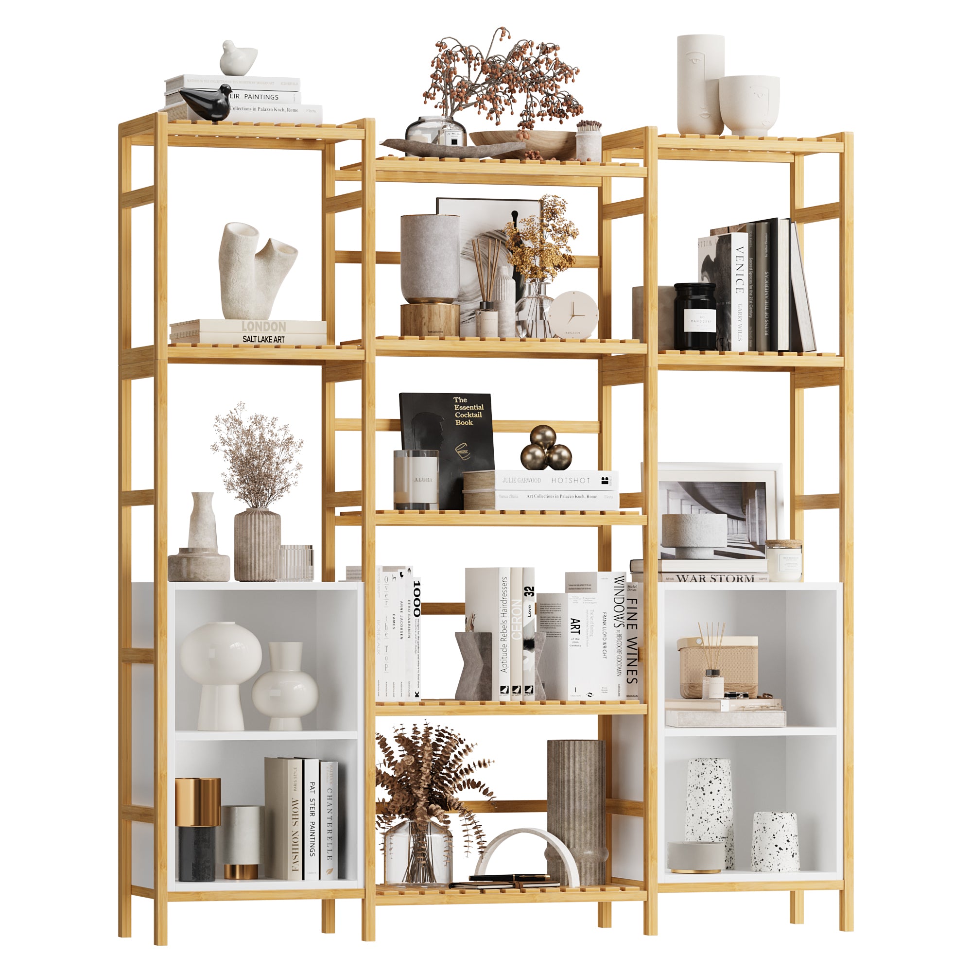 Hiphuta Bamboo 64”H Bookshelf, 9 Tier Bookcase Storage Shelves, Tall Book Rack Shelving Unit, Multipurpose Storage Adjustable Shelves Plant Stand for Home Office Bathroom Kitchen Living Room