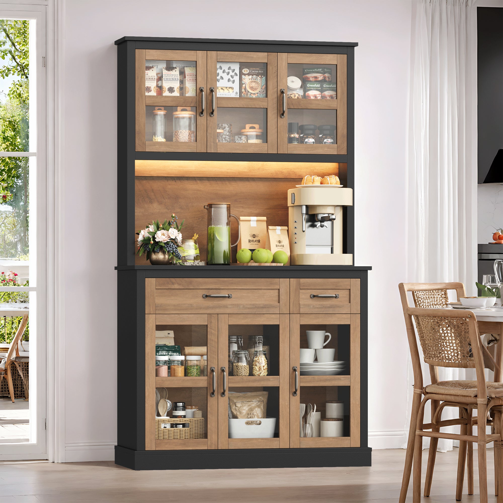 Hiphuta 71" Pantry Cabinet with Charging Station, Kitchen Pantry Storage Cabinet with Microwave Stand & Wine Rack, Food Wooden Pantry Cabinet with Countertop for Dining Room, Black & Oak