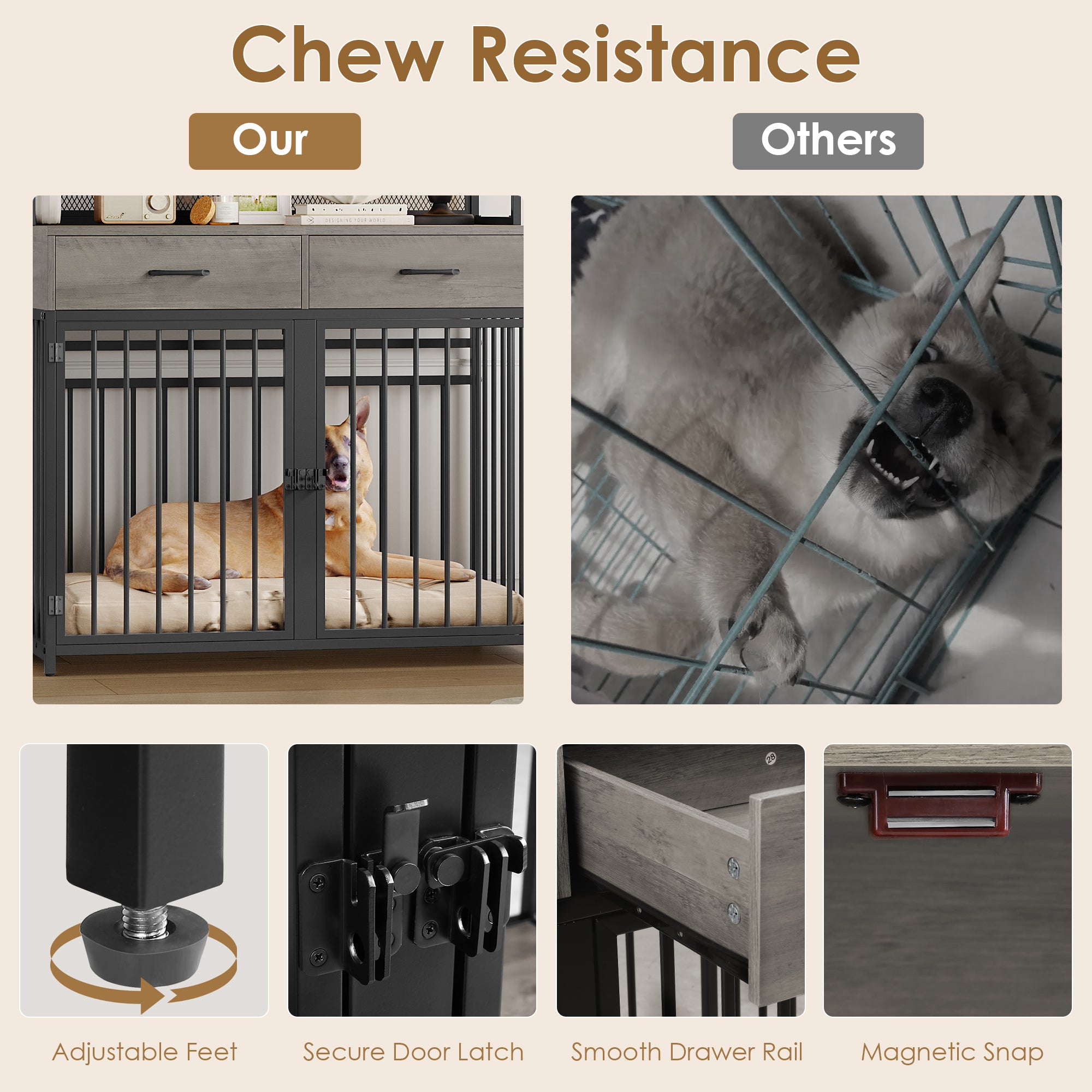 Hiphuta Dog Crate Furniture, Wooden Dog Crate with Drawers, Large Dog Cage Furniture for Living Room, Decorative Pet Sturdy Dog Kennel Furniture for Indoor, Ash Gray