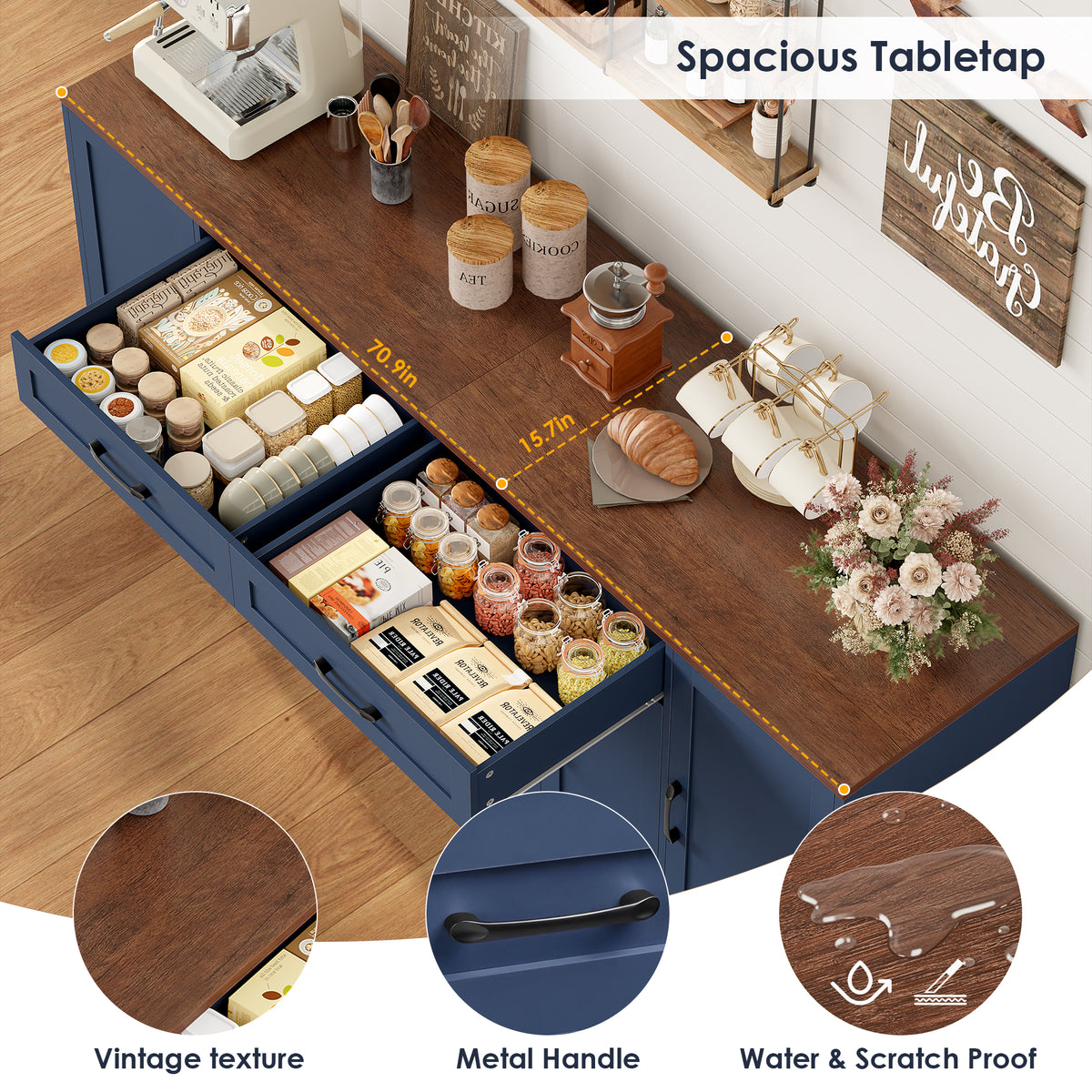 Hiphuta 70.8"W Large Buffet Cabinet with 6 Doors, Modern Farmhouse Sideboard with 2 Drawers, Coffee Bar for Kitchen Dining Room Living Room, Blue
