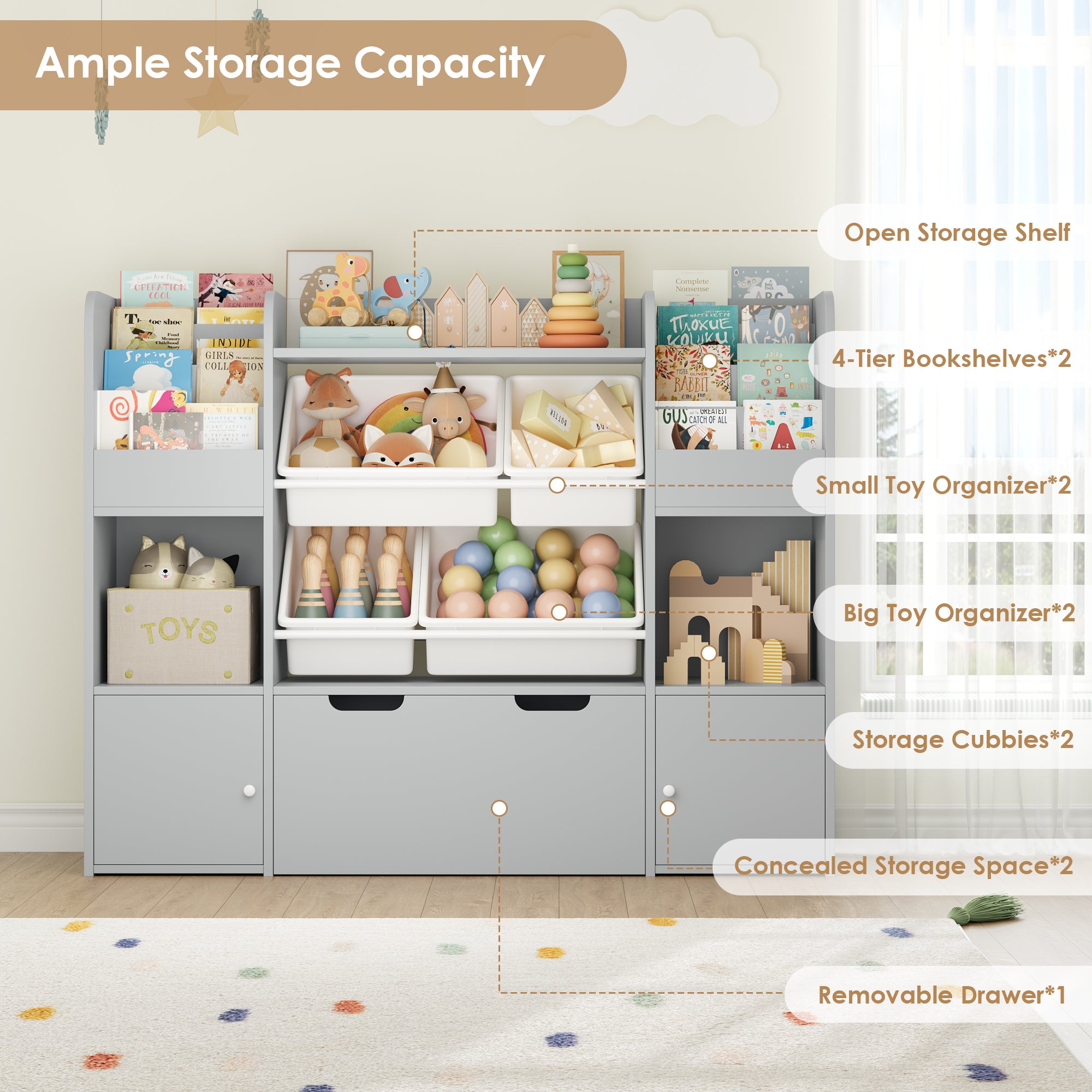 Hiphuta Kid Storage Toy Organizer, Wood Toy Storage Organizer with 4 Toy Boxes, Kids Bookcase with Book Rack, Gray