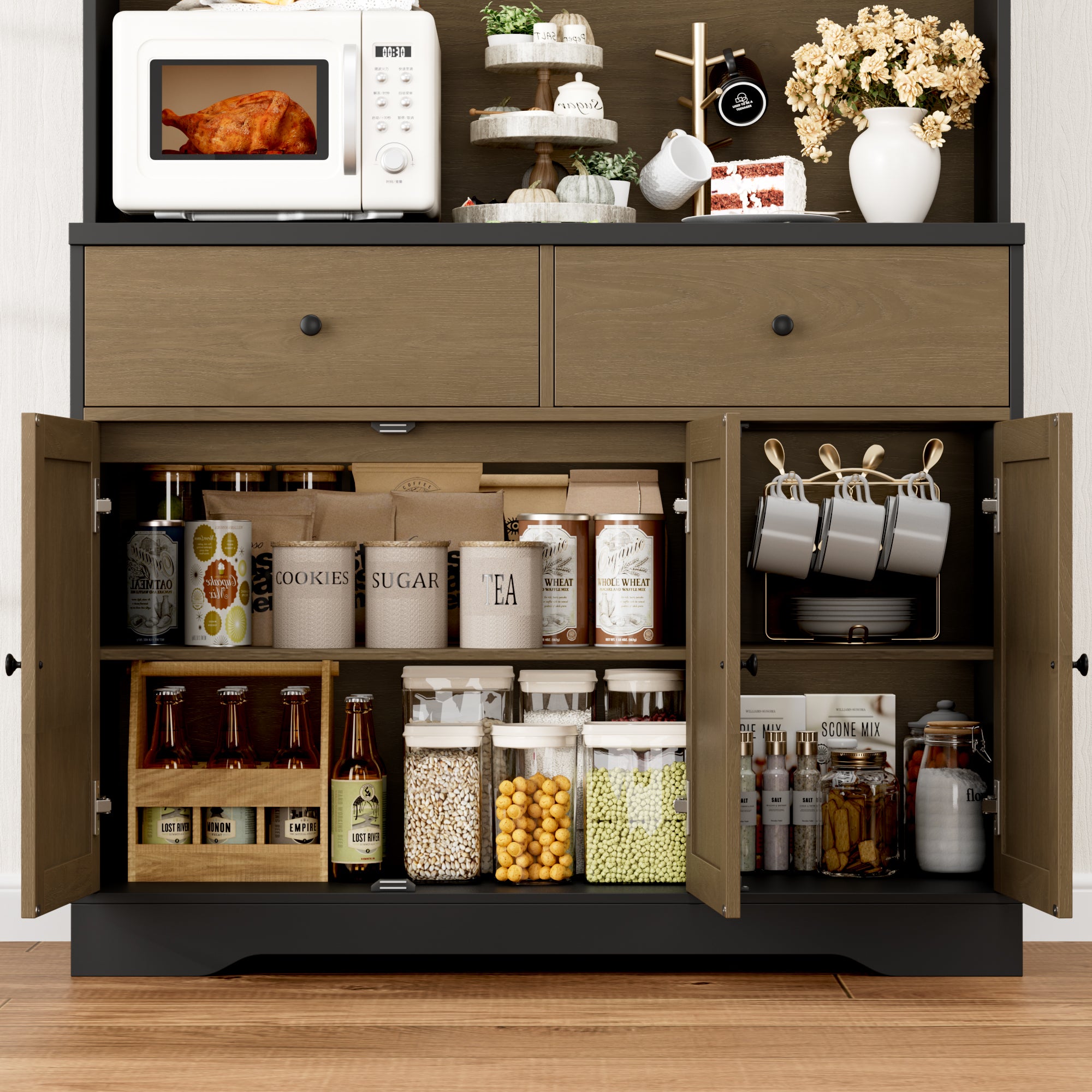 Hiphuta 71"in Modern Kitchen Pantry Storage Cabinet, Freestanding Kitchen Hutch Cabinet with Adjustable Shelves & Microwave Stand, Modern Coffee Hutch for Dining Room, Oak