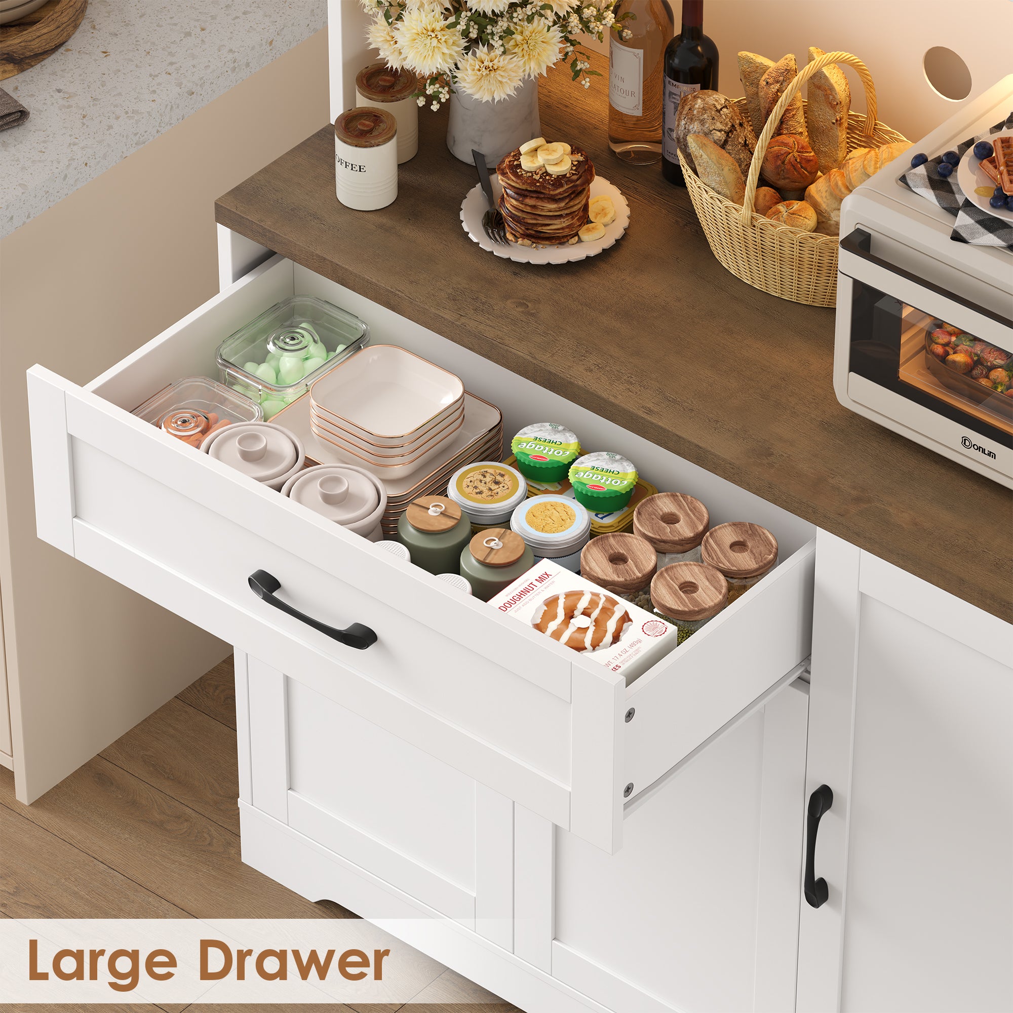 Hiphuta 71”Tall Modern Pantry Cabinet with Power Outlet & LED, Freestanding Kitchen Hutch Cabinet for Dining Room, White