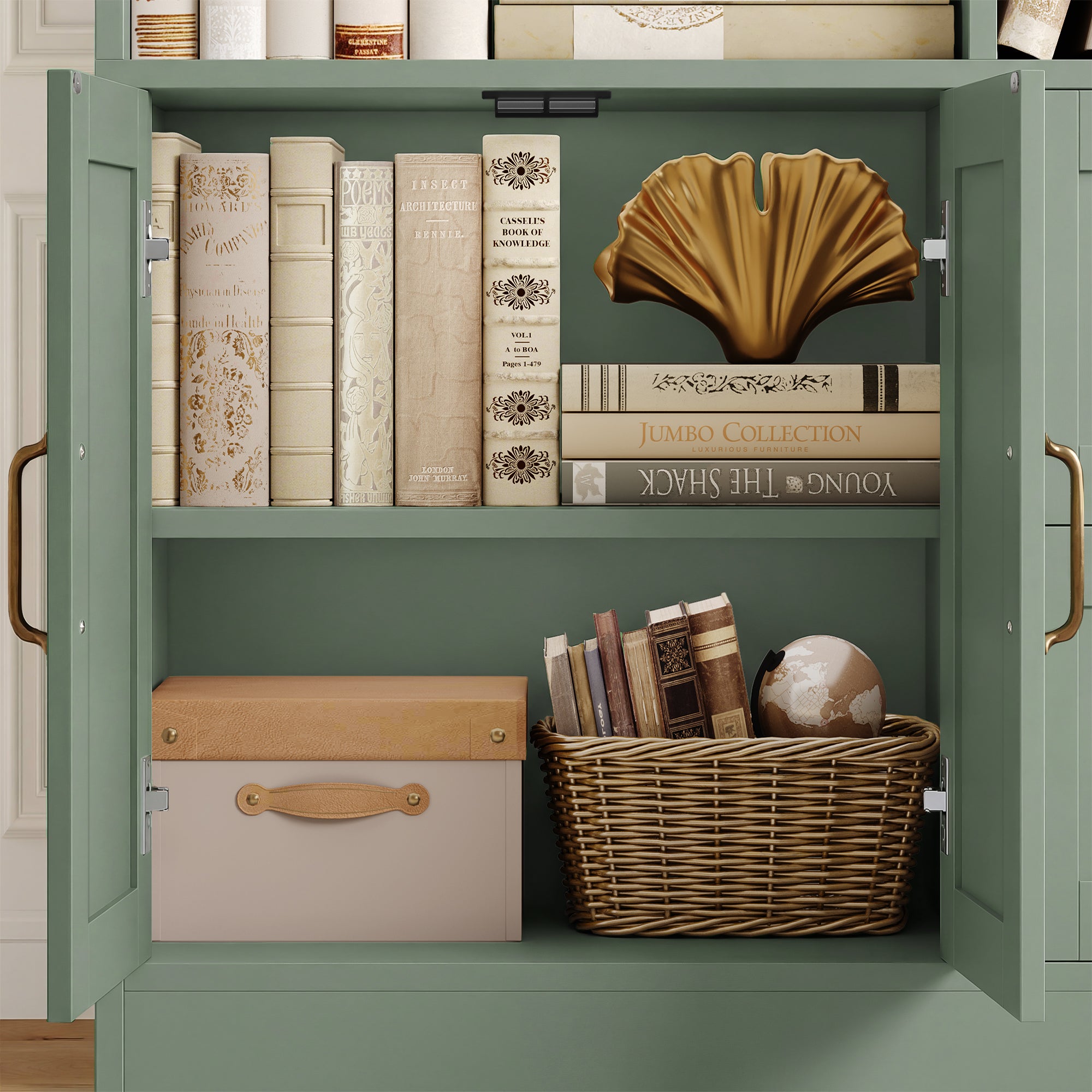 Triple Row 4-tier Bookcase, Large Bookcase with 4 Doors and 2 Drawers, Modern Minimalist Bookcase for Office Living Room, Green