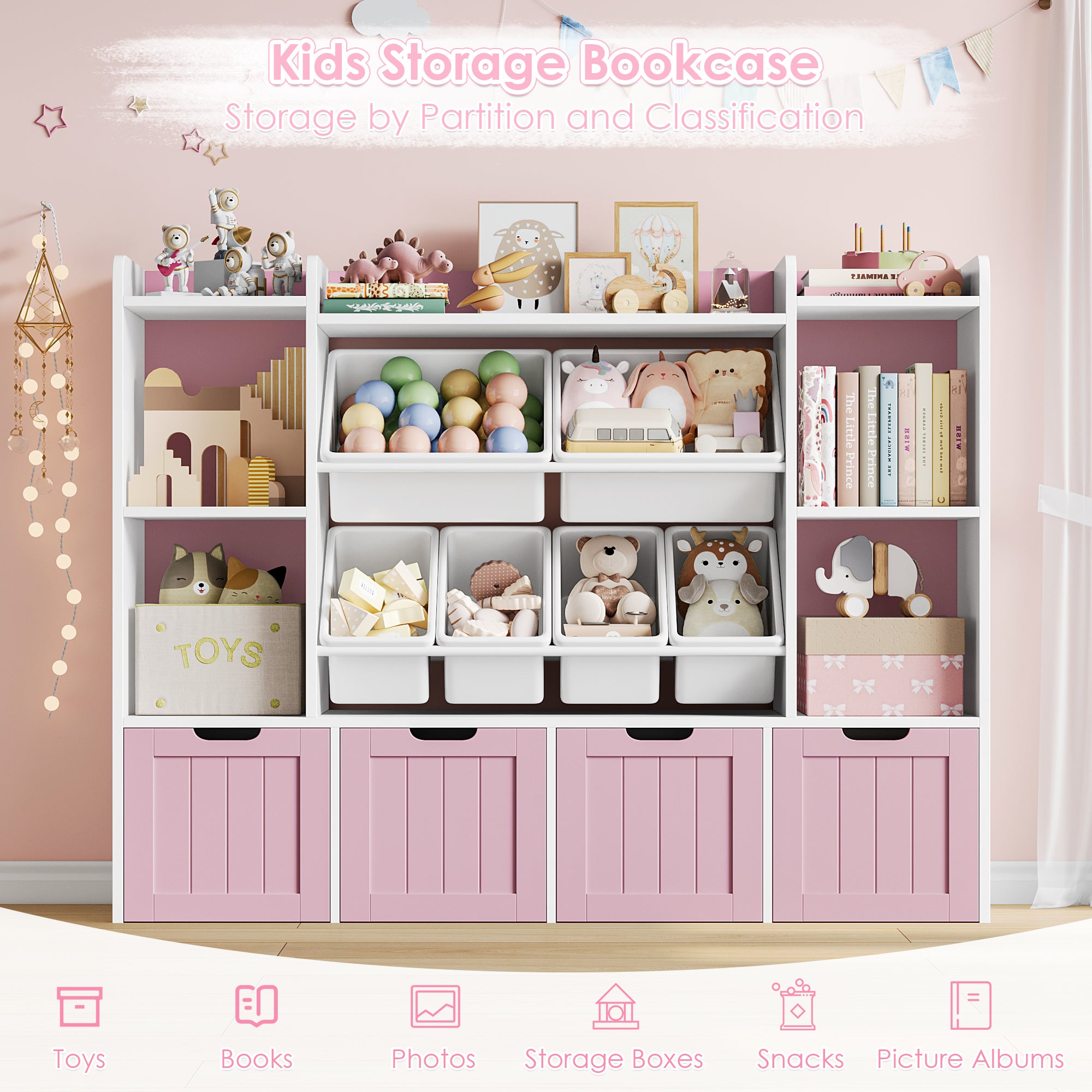 Hiphuta 3 Tier Kids Bookcase with Toy Storage Organizer, Wood Toy Organizer of 6 Boxes & 4 Removable Drawers, Pink