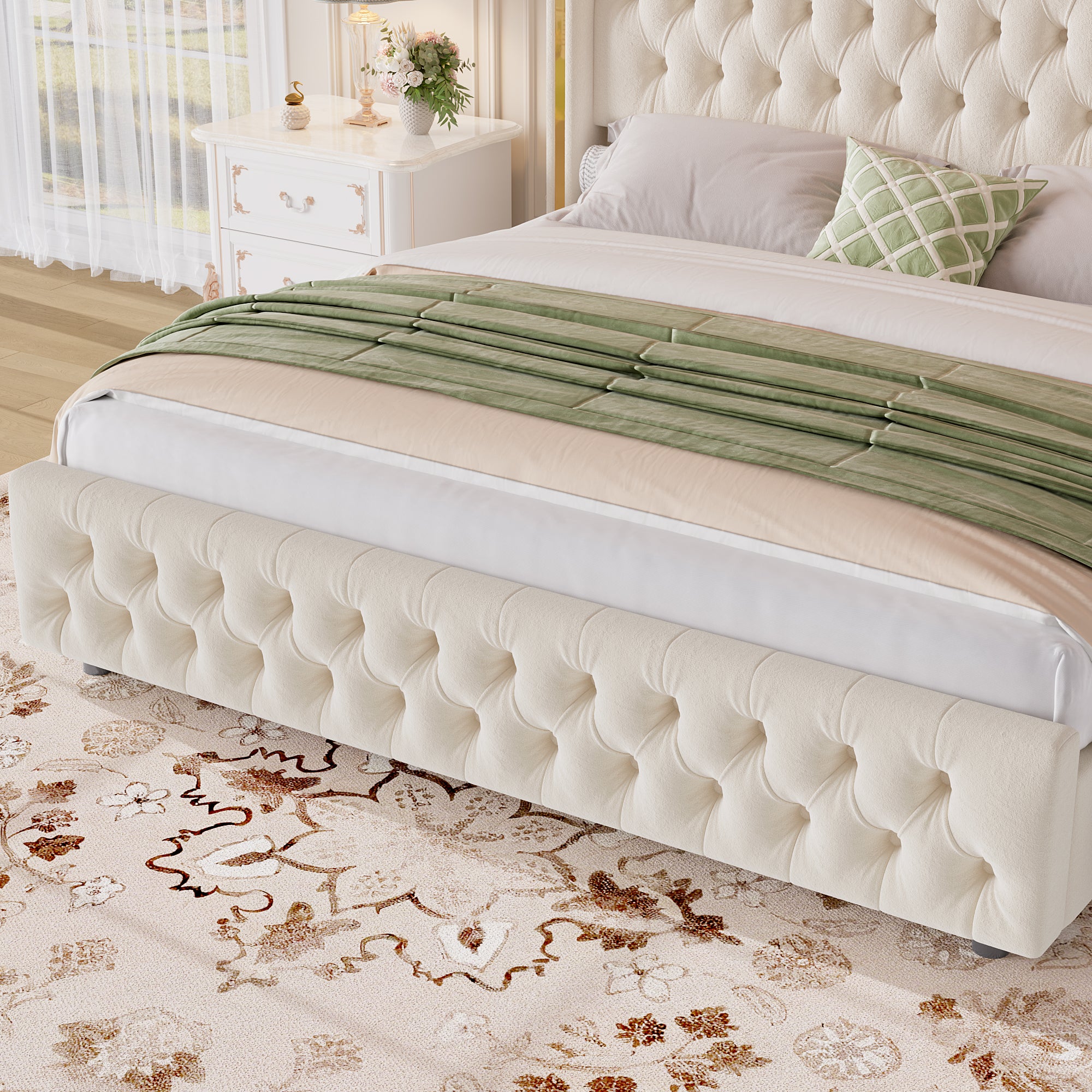 Hiphuta Queen Bed with LED Light, Cama Queen Platform Bed with Button Tufted Velvet Upholstered Headboard, White