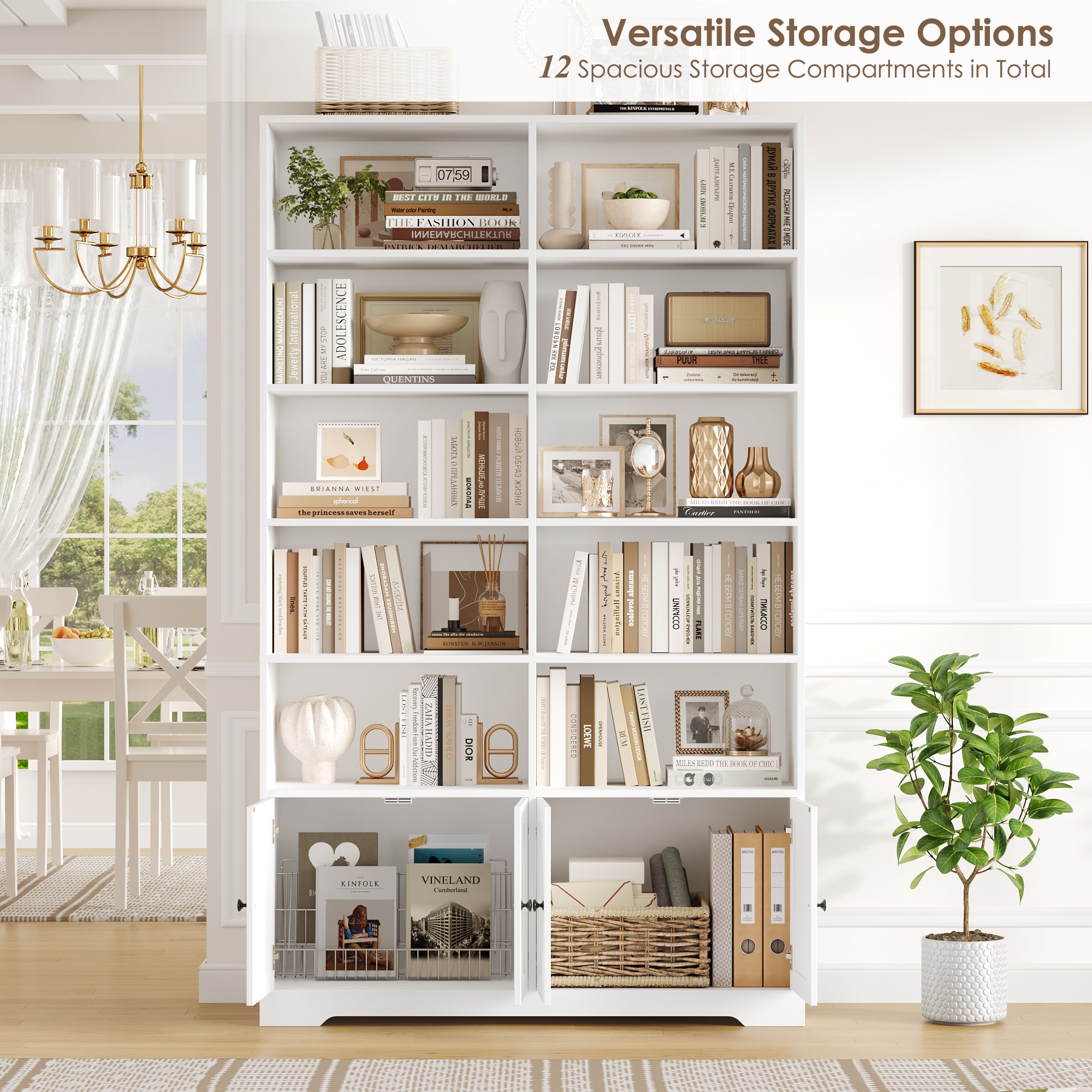 Hiphuta 78"H x 47"W Bookcase with Doors, Tall Bookshelves with Storage, 5-Tier Shelves Freestanding Display Bookcase for Home Office and Living Room, White