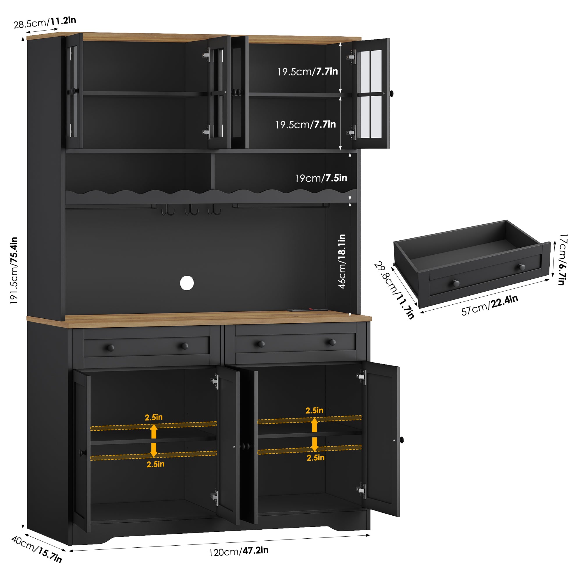 Hiphuta 75"Tall Kitchen Pantry Storage Cabinet with Power Outlet, Large Pantry Cabinet with Microwave Stand, Modern Freestanding Cupboard Hutch for Home Dinning Room, Black