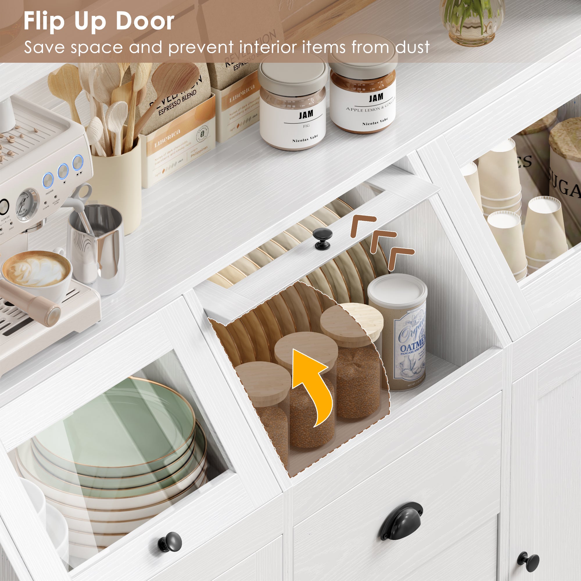 Hiphuta Farmhouse Kitchen Pantry Storage Cabinet, 71”H Freestanding Hutch with 8 Doors and 3 Drawers for Dining and Living Room, White