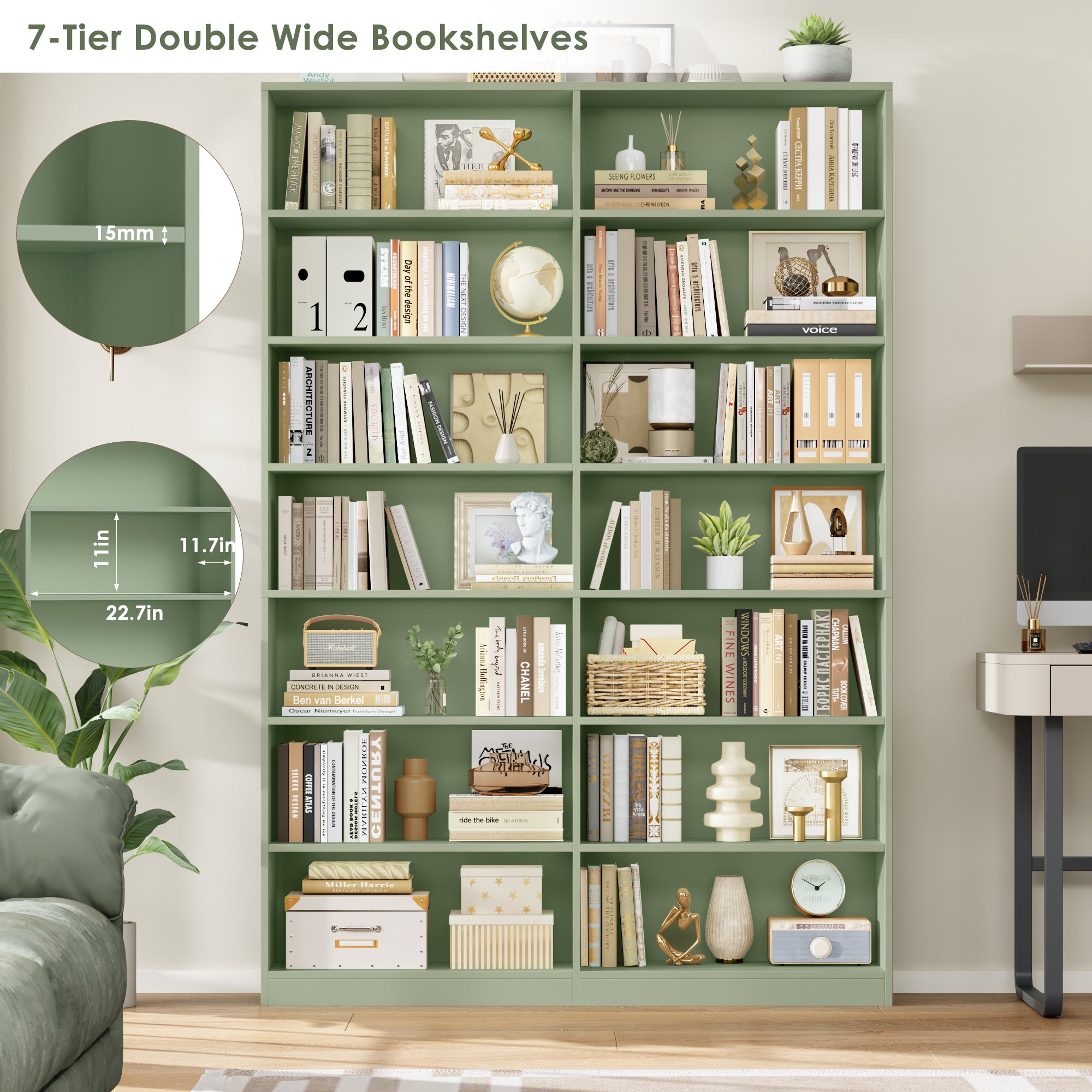 Hiphuta 84"H Wooden Double 7-Tier Tall Bookcase, Standard Bookcase for Living Room and Office, Freestanding Display Storage Shelves, Green