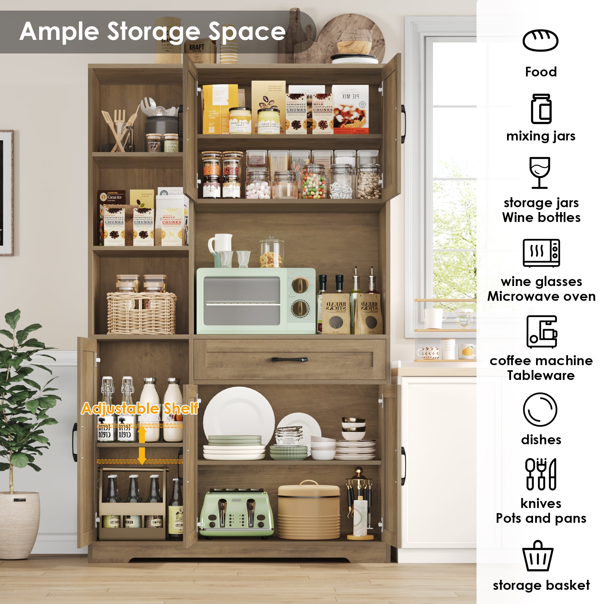 Hiphuta 71" Farmhouse Kitchen Pantry Storage Cabinet, Freestanding Hutch with Doors, Shelves & Microwave Stand, Cupboard for Dining Room, Rustic Brown