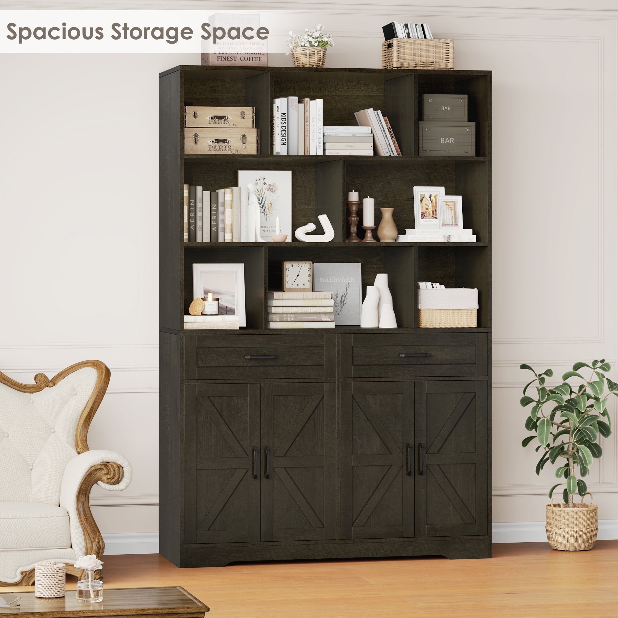 Hiphuta 6-tier Bookcase with Drawers & Doors, 71" Tall Bookcases, Wooden Storage Bookshelf for Living Room Home Office, Dark Brown