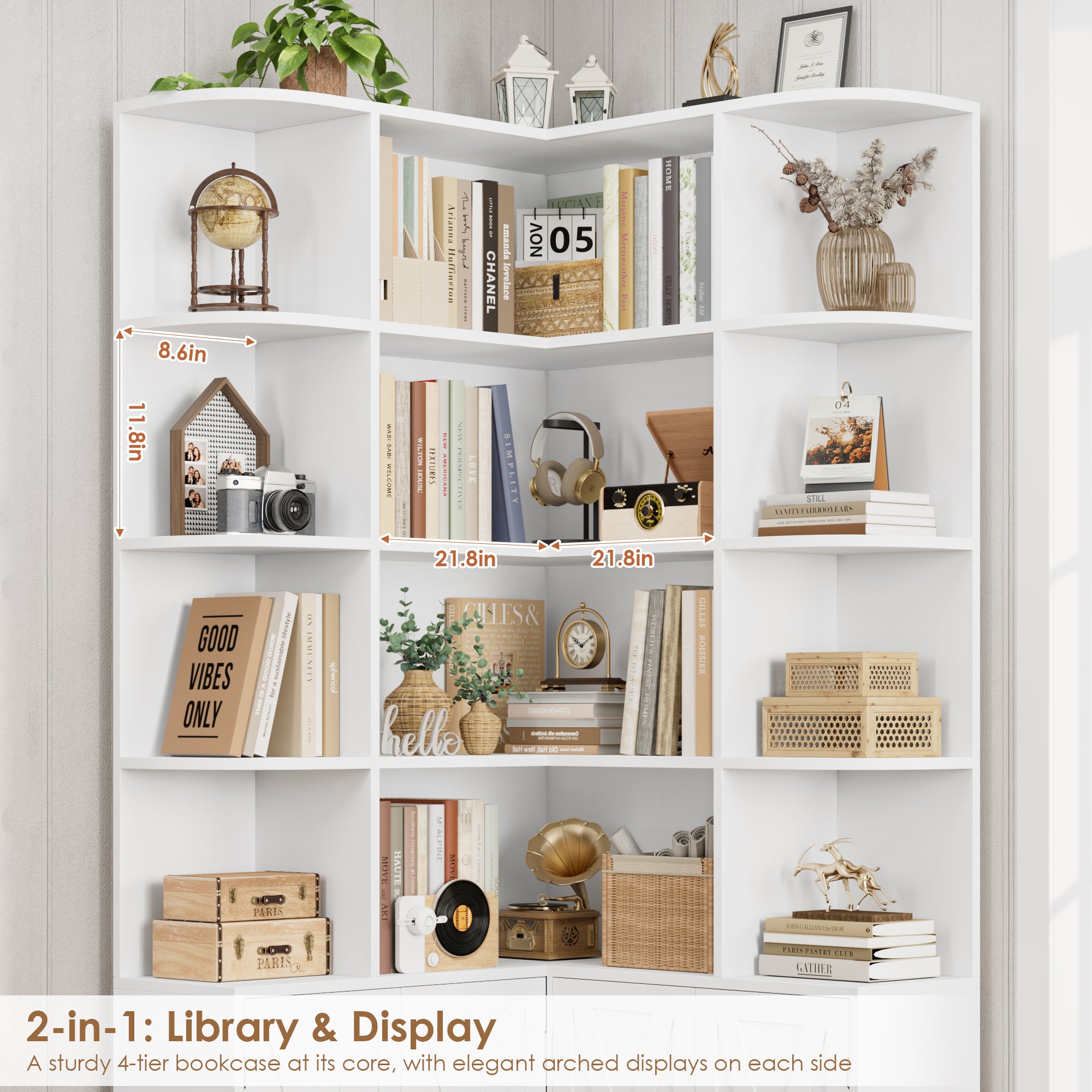 Hiphuta 74" Tall 6 Tier Corner Bookcase with 4 Doors, 31" Wide Farmhouse Large Corner Bookcase with Curved Edges, L Shaped Bookshelf for Office Living Room, White