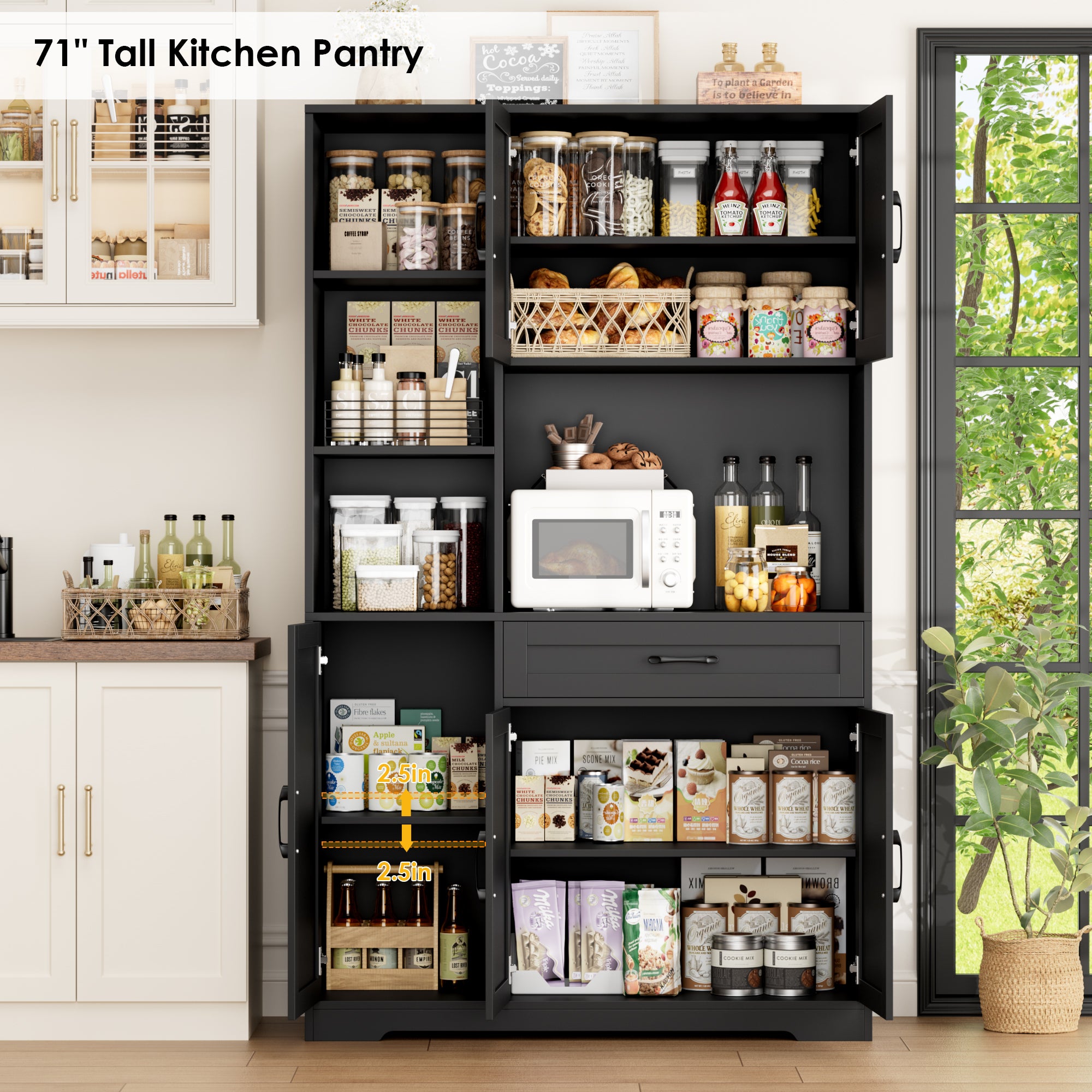Hiphuta 71" Farmhouse Kitchen Pantry Storage Cabinet, Modern Coffee Hutch with Doors, Shelves & Microwave Stand, Cupboard for Dining Room, Black