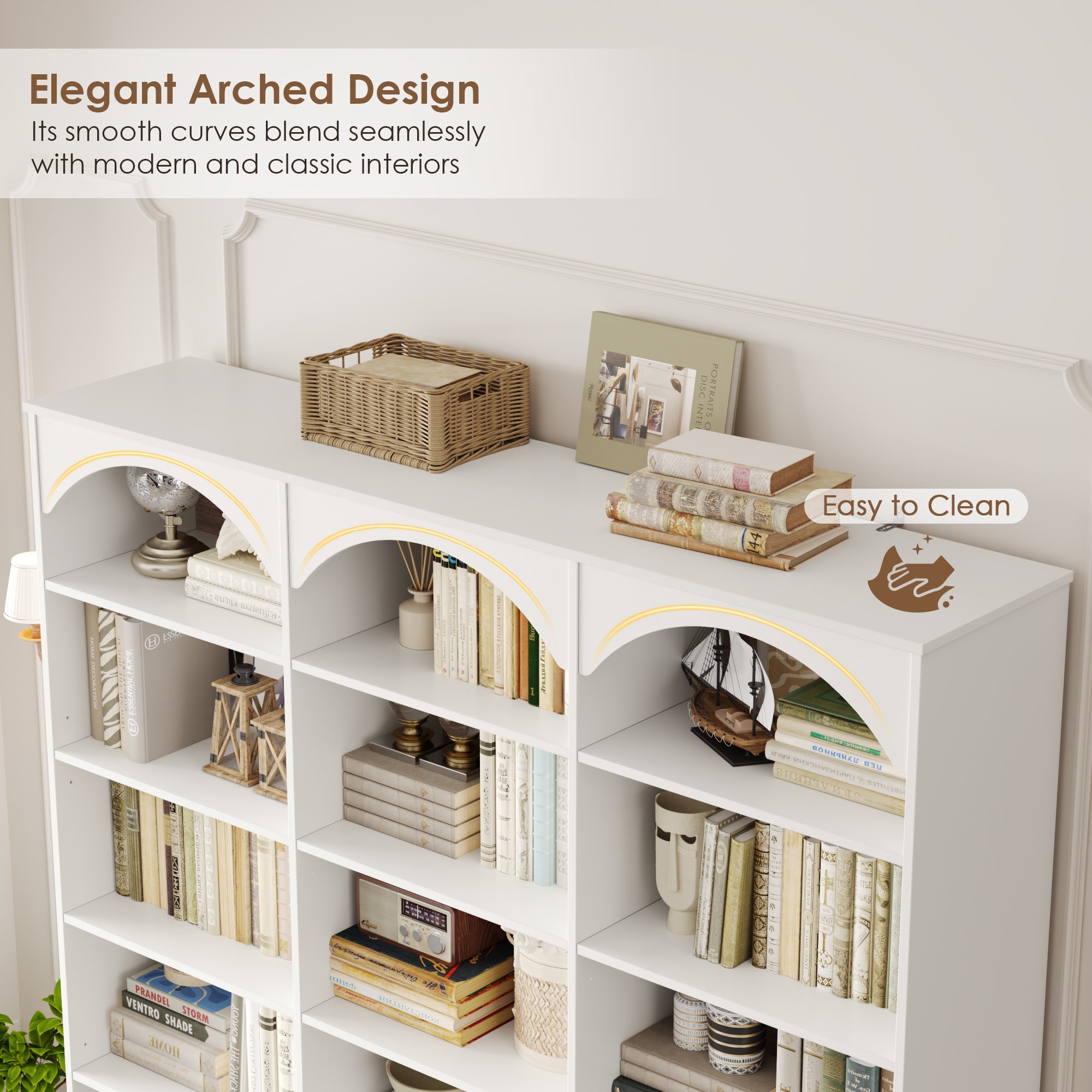 Hiphuta 78" Tall Triple Wide Bookcase with 6 Adjustable Shelves, Large Arched Book Shelf with 15 Cubes and 6 Doors, for Home Office Living Room, White & Walnut