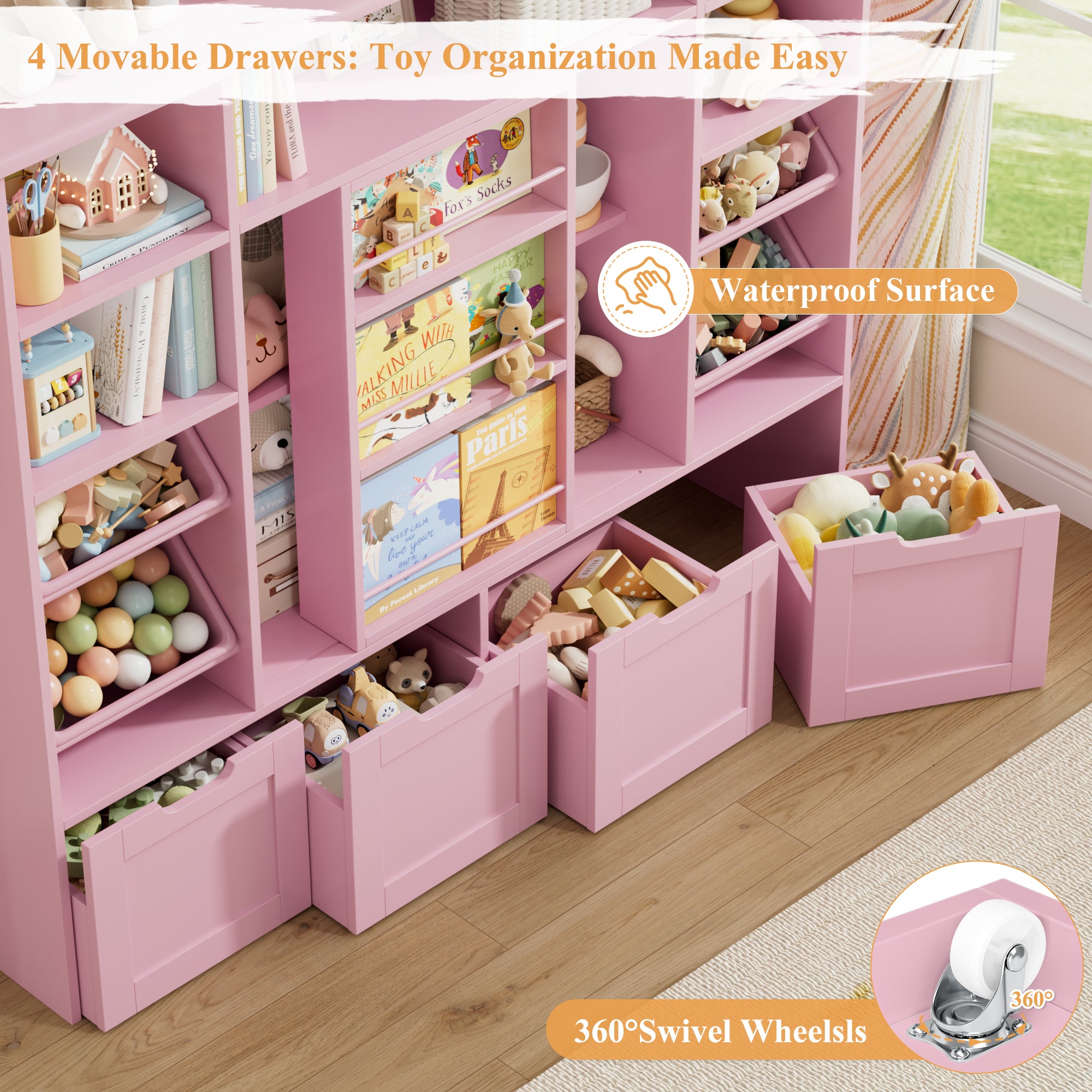 Hiphuta 55"W Kid Toy Storage Organize with Sliding Bookshelf, Kid Bookcase with 4 Removable Drawers, Toy Storage Toy Organize for Kid Bedroom Playroom, Pink