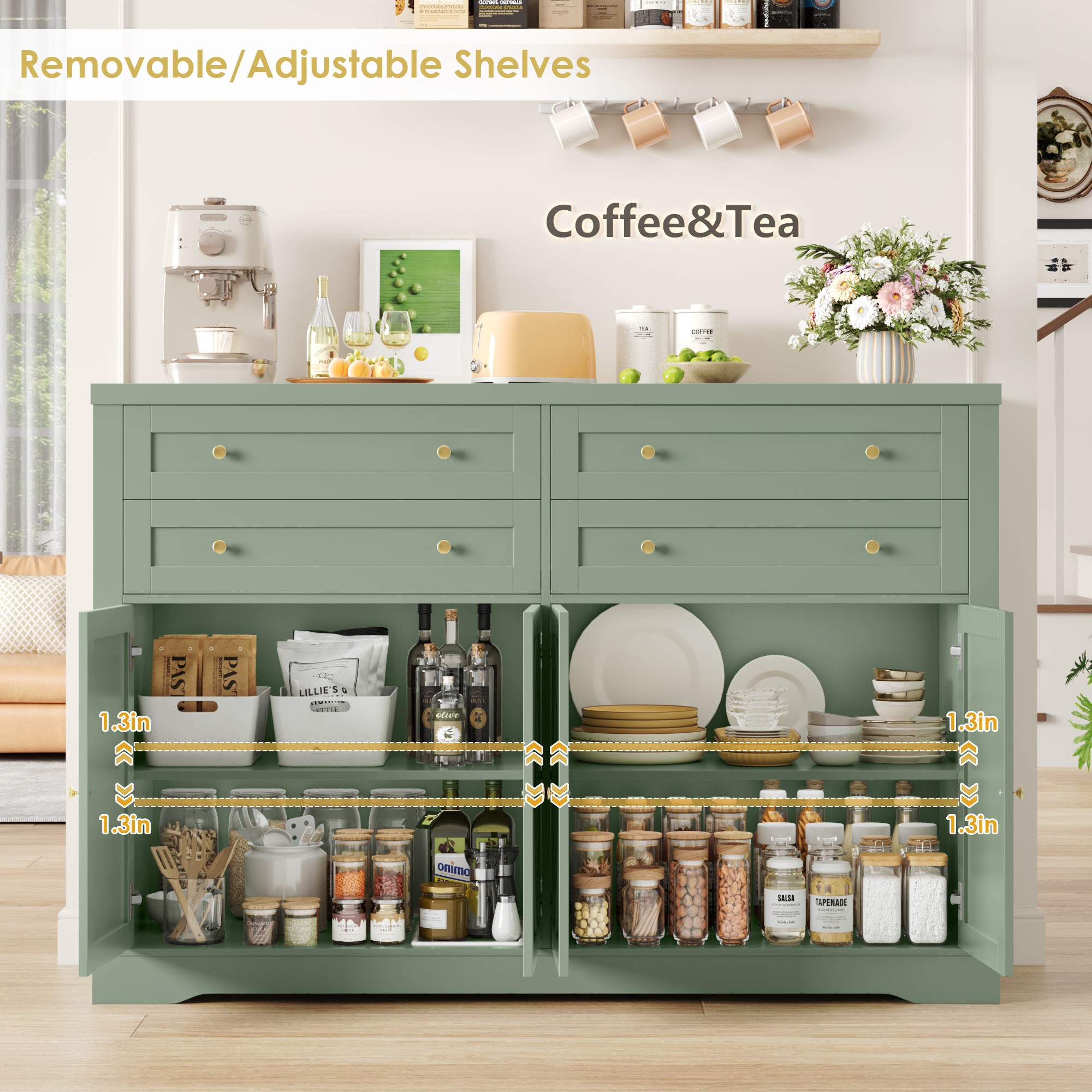 Hiphuta 55" Wide Coffee Bar with 2 Adjustable Shelves, Modern Farmhouse Sideboard Buffet with 4 Drawers for Living Room, Green