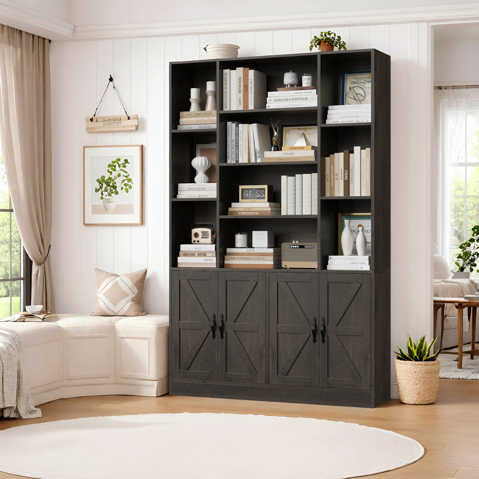 Hiphuta 74.8" Tall Bookcases with 2 Double Door Cabinet, Wooden Storage Bookshelf for Living Room Home Office, Dark Brown