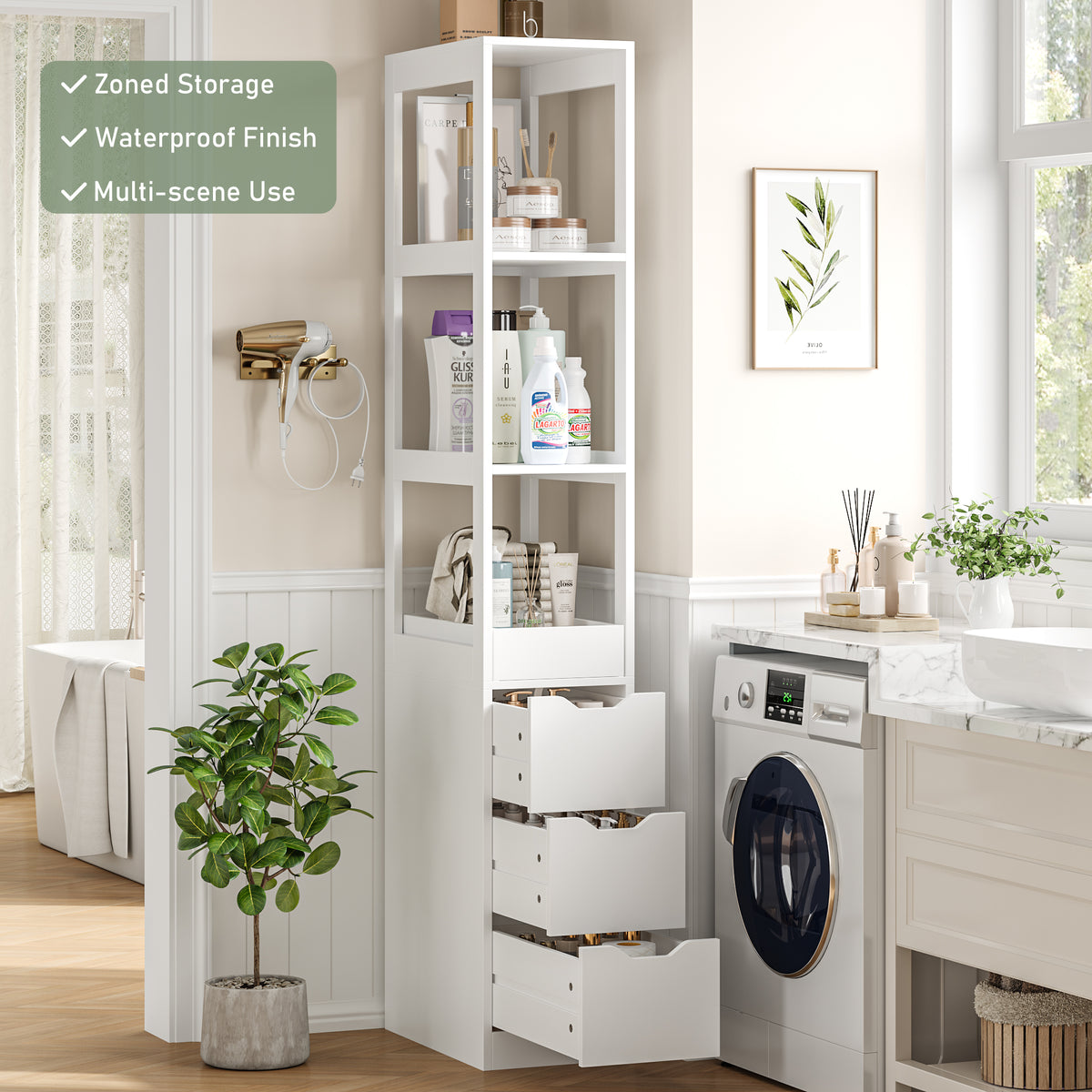 Hiphuta Bathroom Storage Tower with 3 Drawers, 67" Tall Bathroom Cabinet with 3-Tier Open Shelves, Narrow Linen Cabinet for Small Spaces, White