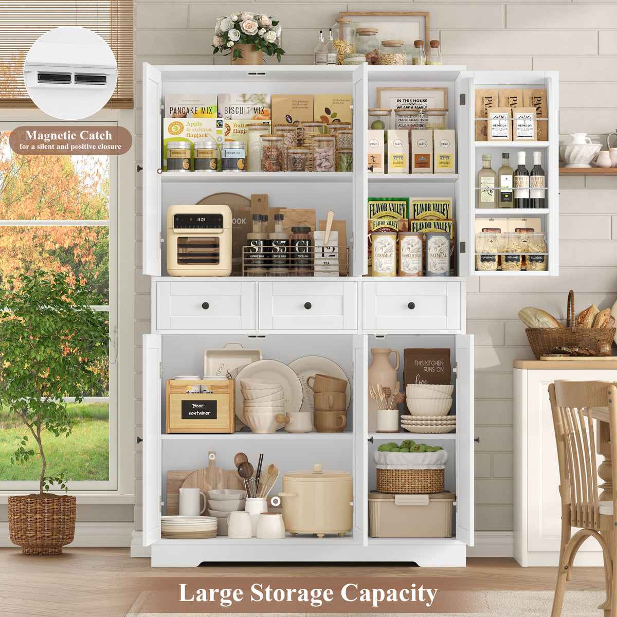 Hiphuta Farmhouse Kitchen Pantry Cabinet with Doors, Large Pantry Stroage Cabinet for Kitchen Dining Room, White