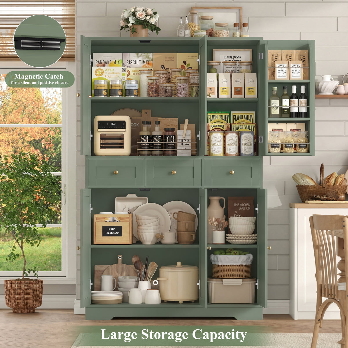 Hiphuta Farmhouse Kitchen Pantry Cabinet with Doors, Large Pantry Stroage Cabinet for Kitchen Dining Room, Green