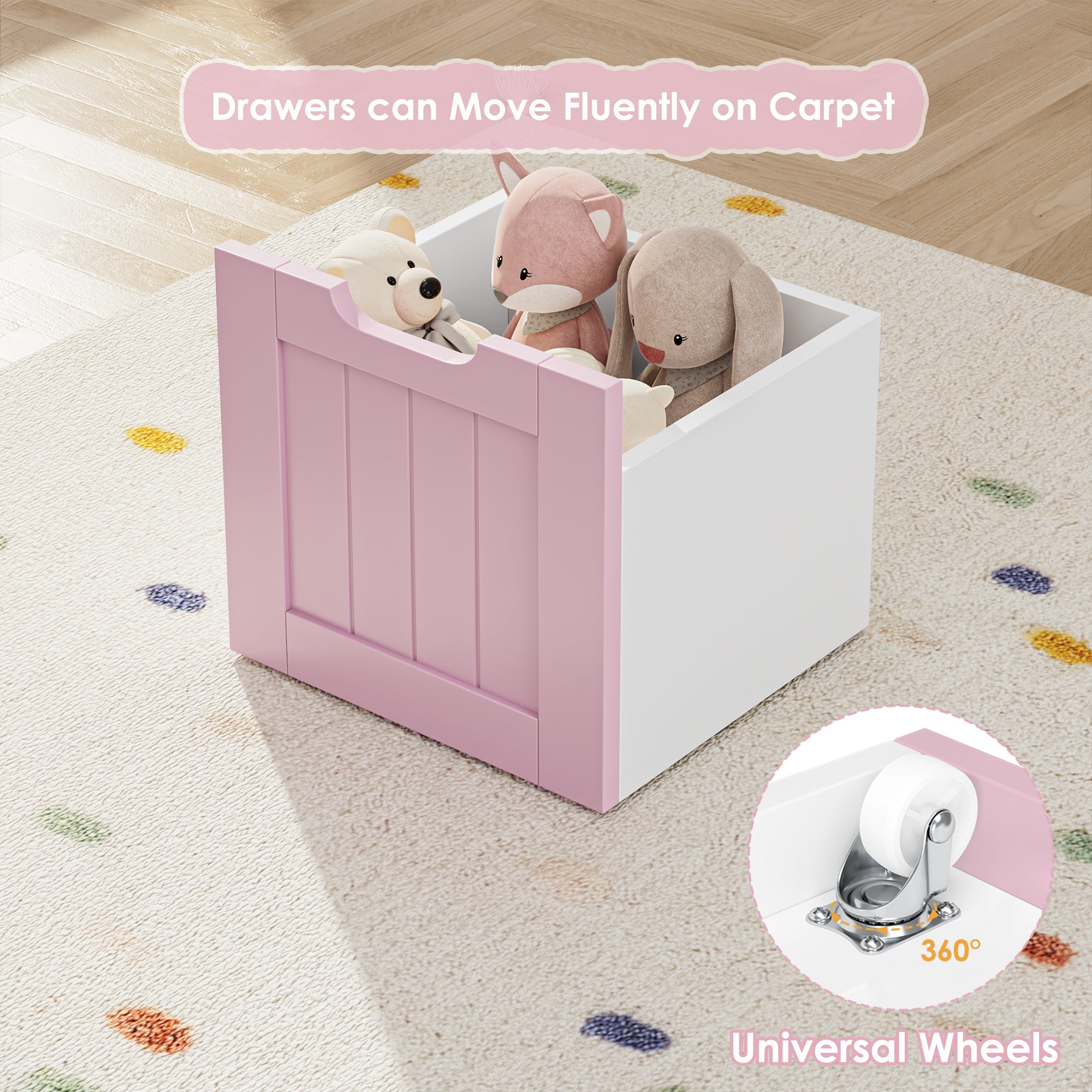 Hiphuta Large 4 Tier Kids Toy Organizer, Wood Toy Organizer of 6 Bins& 4 Removable Drawers, Children's Bookcase for Family Room, Pink