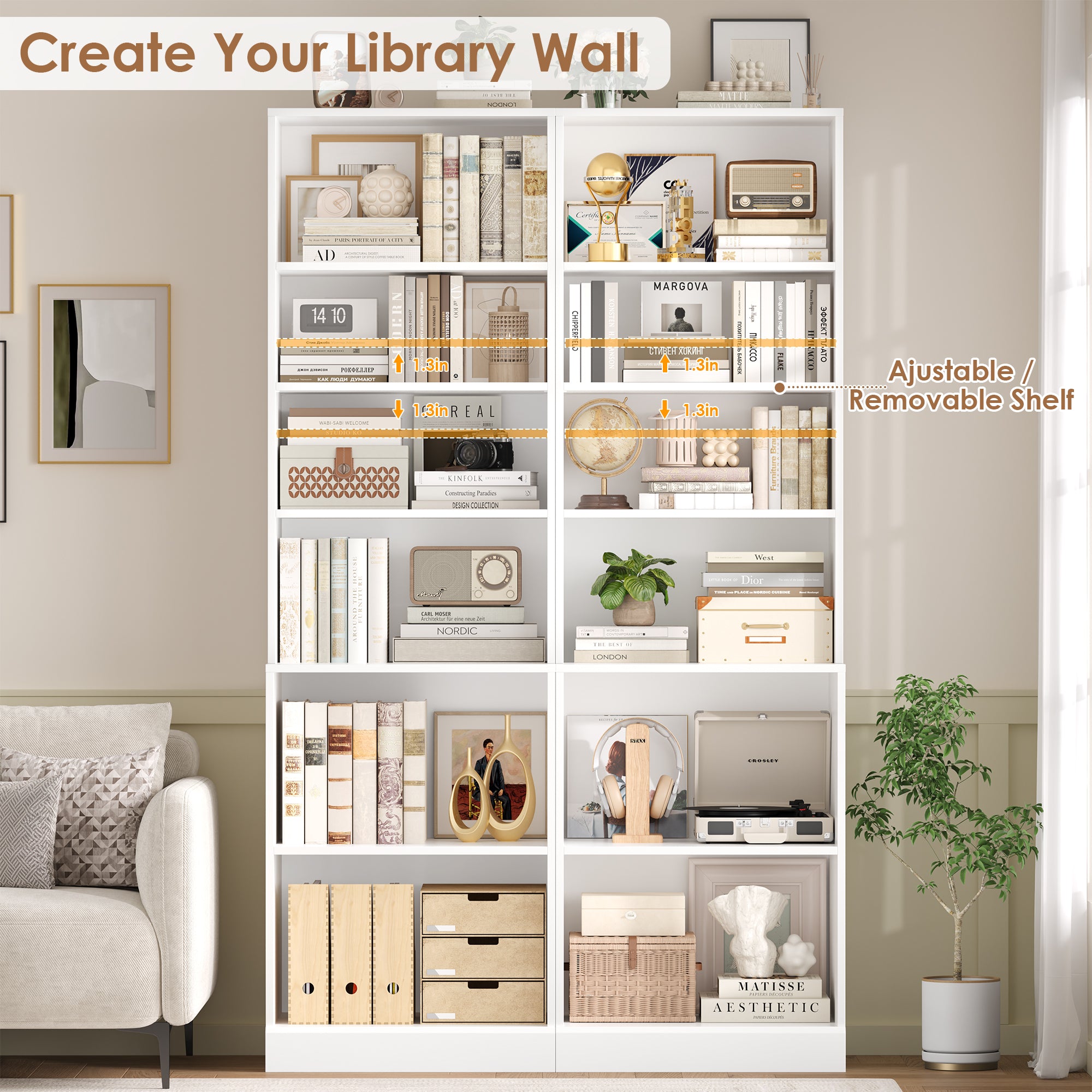 Hiphuta 73 in Tall 6-Tier Bookcase, 22" Wide Bookcase with Adjustable Shelf, Modern Minimalist Bookshelf for Home Office, Living Room, White