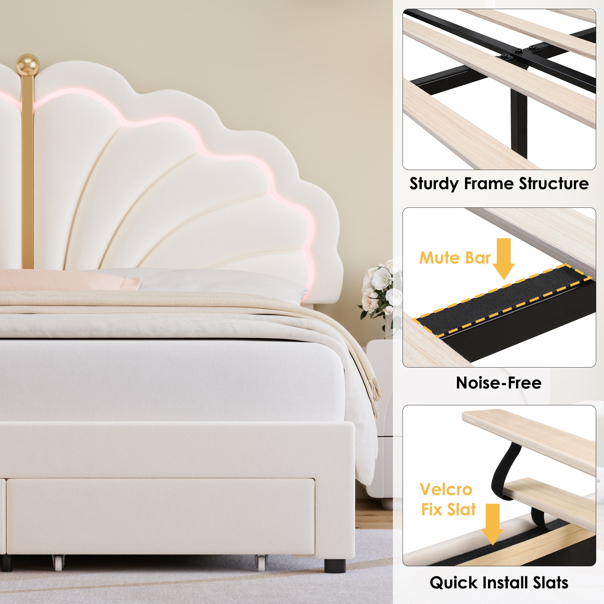 Hiphuta Kids LED Full Bed with 2 Drawers, LED Lights Platform Bed Frame with Upholstered Tufted Headboard, No Box Spring Needed, Velvet White