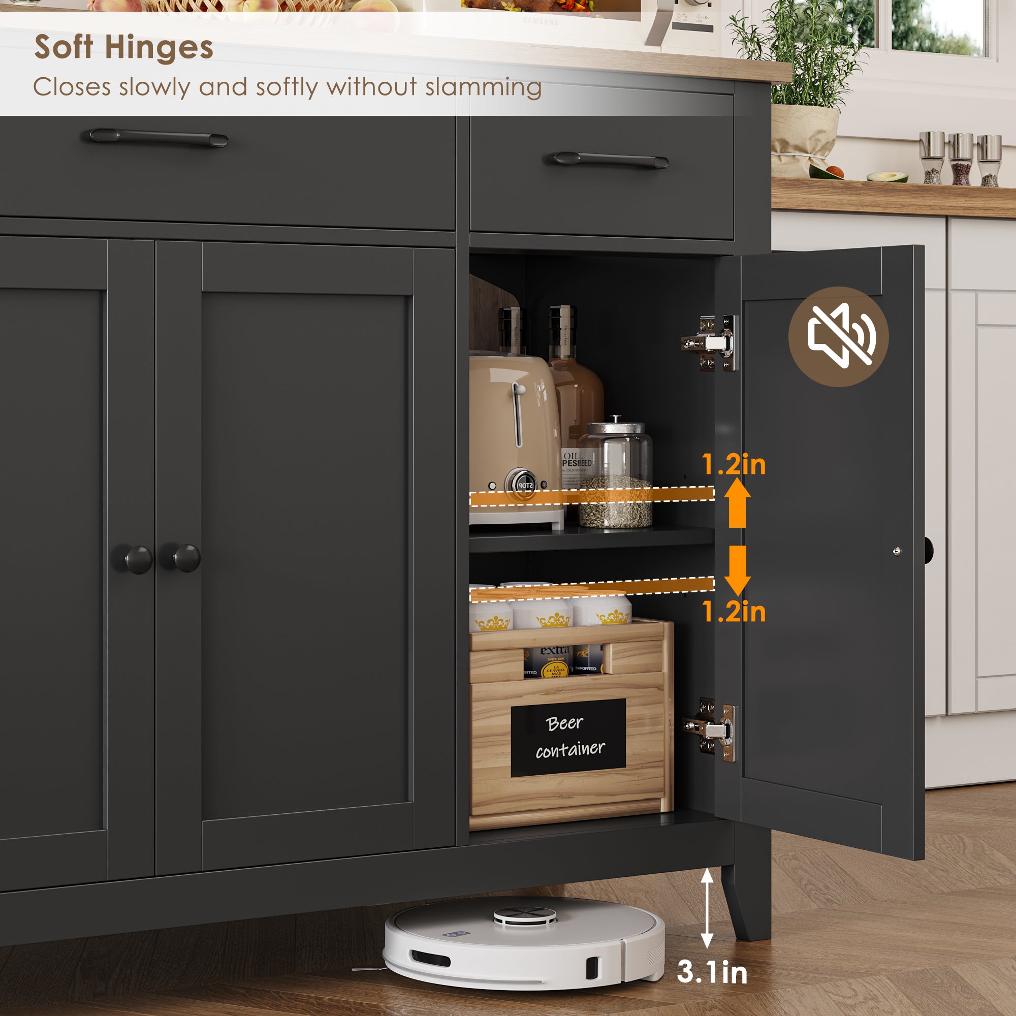 Hiphuta 55"Wide Buffet Cabinet with 2 Adjustable Shelves, Modern Farmhouse Coffee Bar with 3 Drawers and Sturdy Base for Living Room, Black