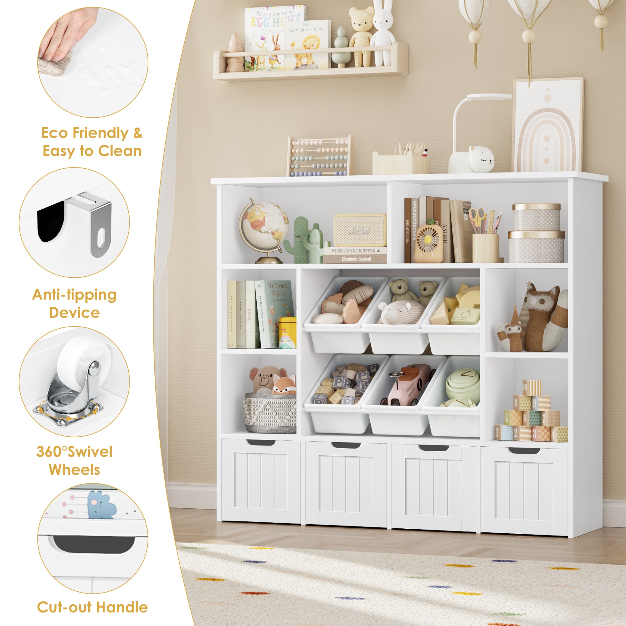 Hiphuta Large 4 Tier Kids Toy Organizer, Wood Toy Organizer of 6 Bins& 4 Removable Drawers, Children's Bookcase for Family Room, White