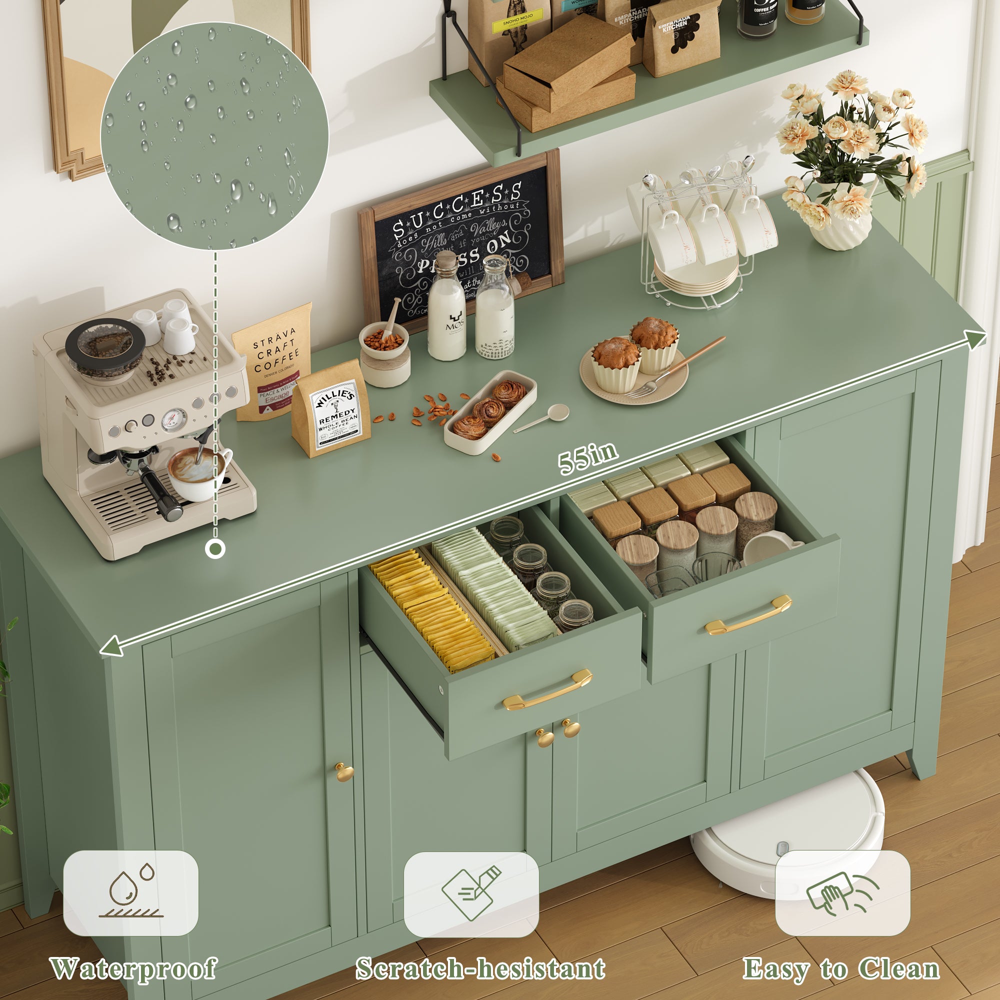 Hiphuta 55" Wide Buffet Cabinet with 2 Drawers & Adjustable Shelves, Modern Coffee Bar Cabinet with 2 Drawers and Sturdy Base for Living Room, Green