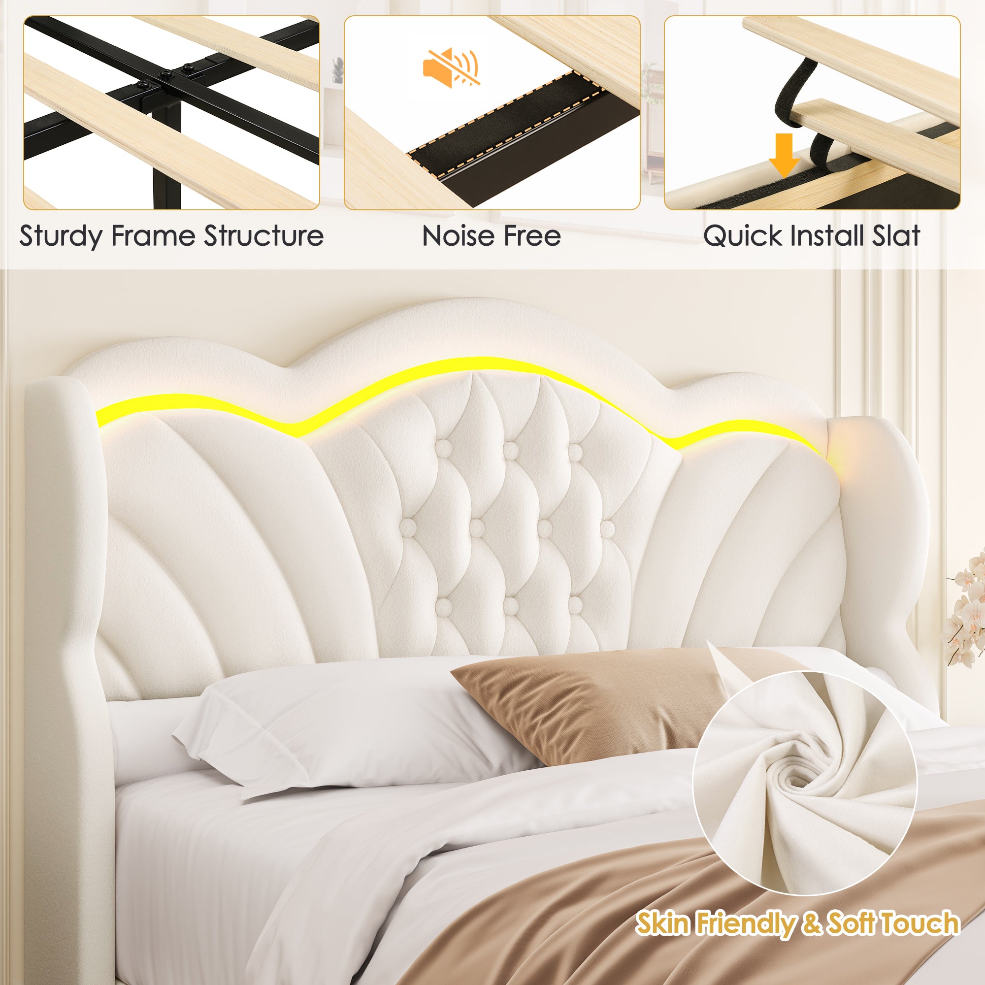 Hiphuta Full LED Bed with 2 Drawers, LED Lights Platform Bed Frame with Upholstered Button Tufted Headboard, No Box Spring Needed, Velvet White