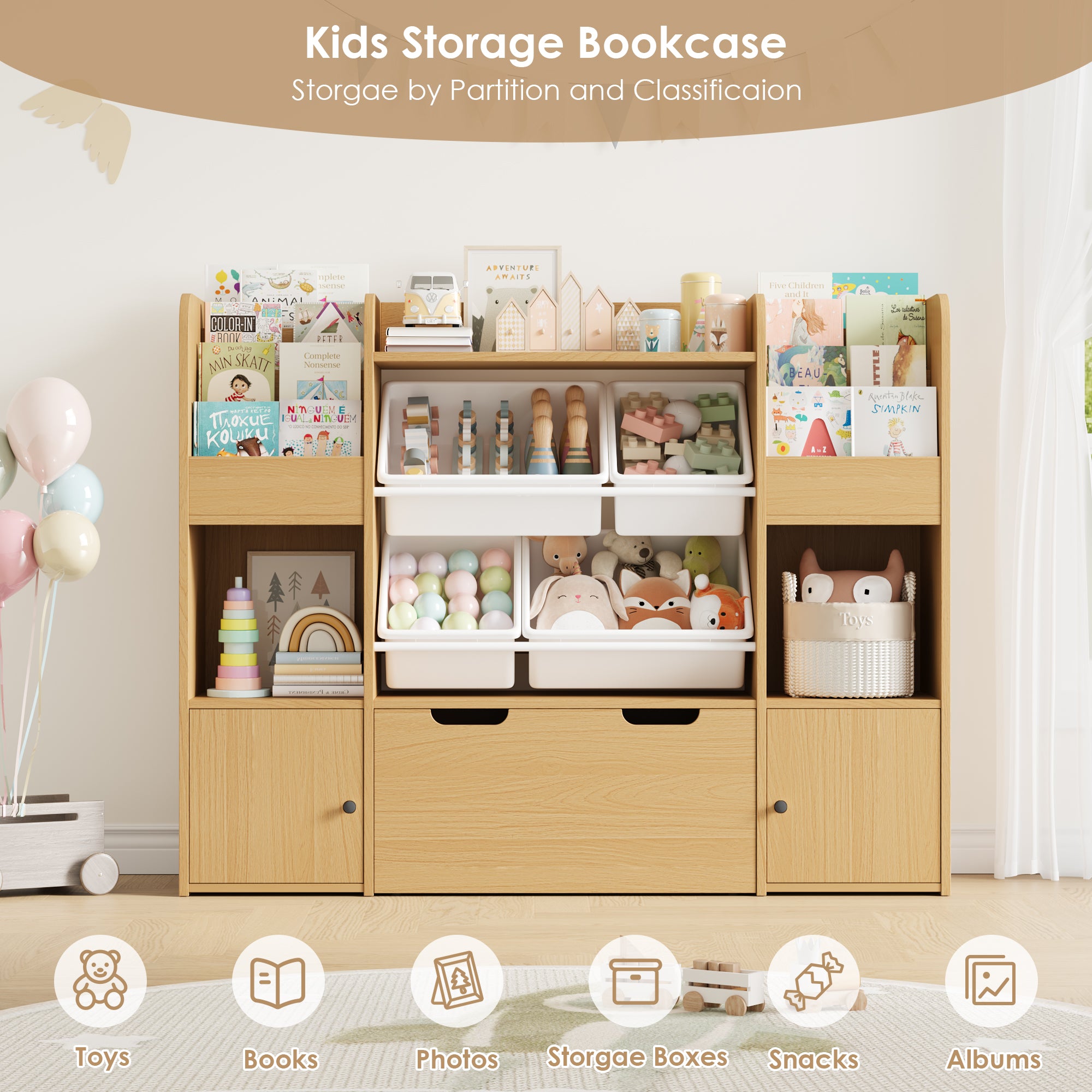 Hiphuta Kid Storage Toy Organizer, Wood Toy Storage Organizer with 4 Toy Boxes, Kids Bookcase with Book Rack, Natural