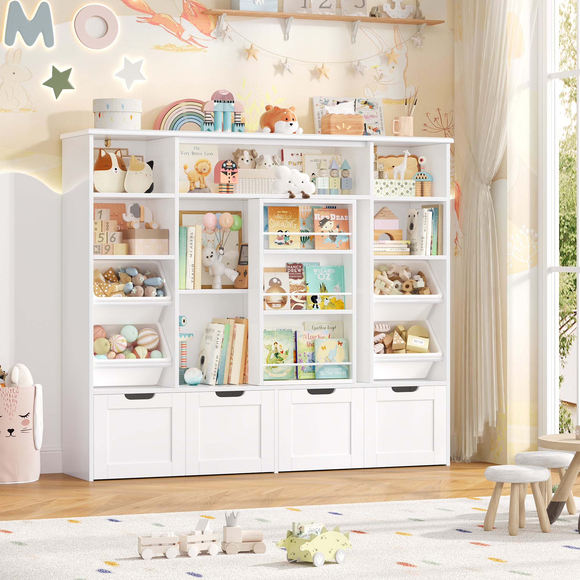 Hiphuta Kid Toy Storage with Bookshelf, Kid Toy Organizer with 4 Removable Drawers, Kid Bookcases with Toy Box for Kid Bedroom Playroom, White