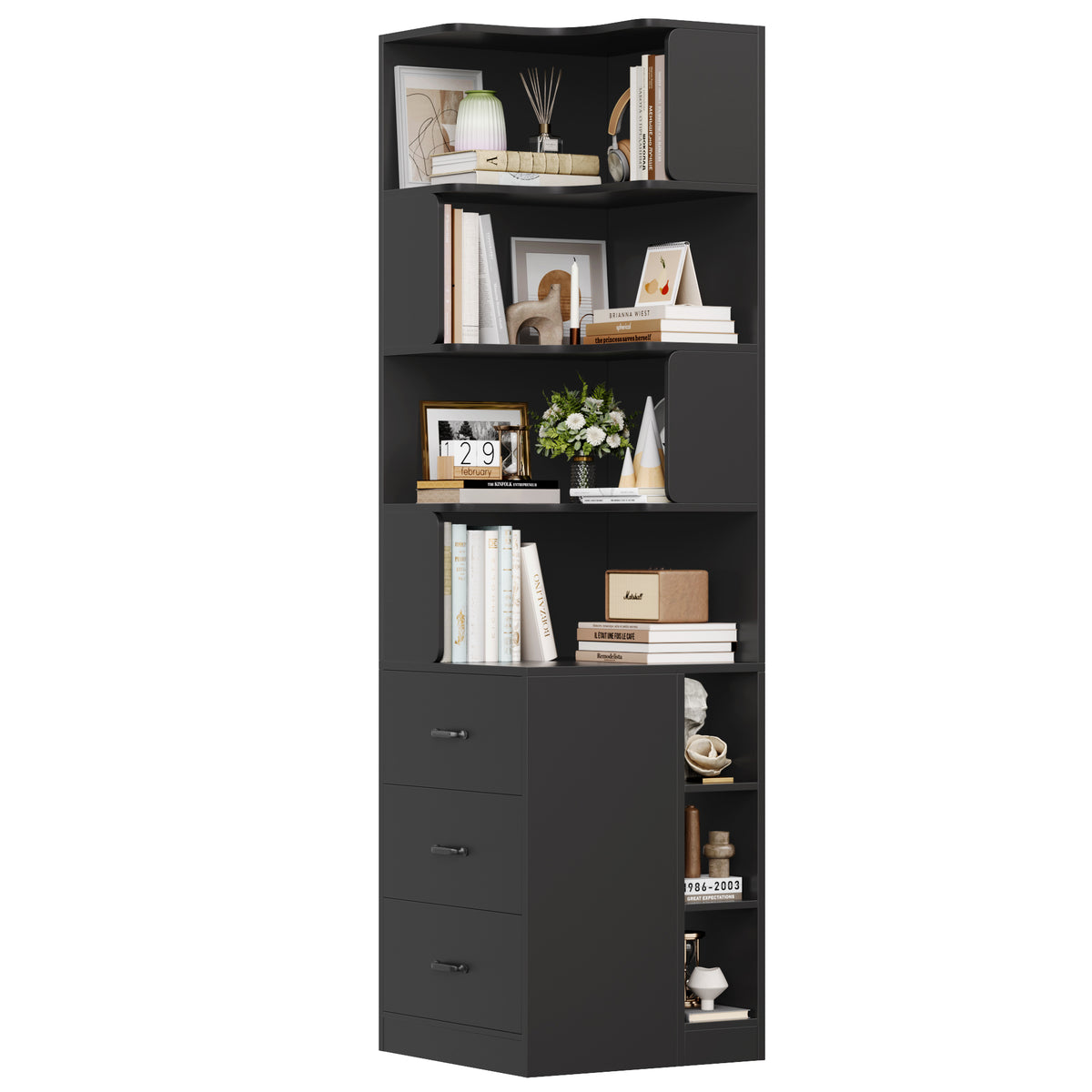 Hiphuta 77"Tall L-Shaped Corner Bookshelf with Drawers and Side Storage, Modern Wood Bookcase with 4-Tier Display Shelves Storage Cabinet for Living Room Home Office , Black