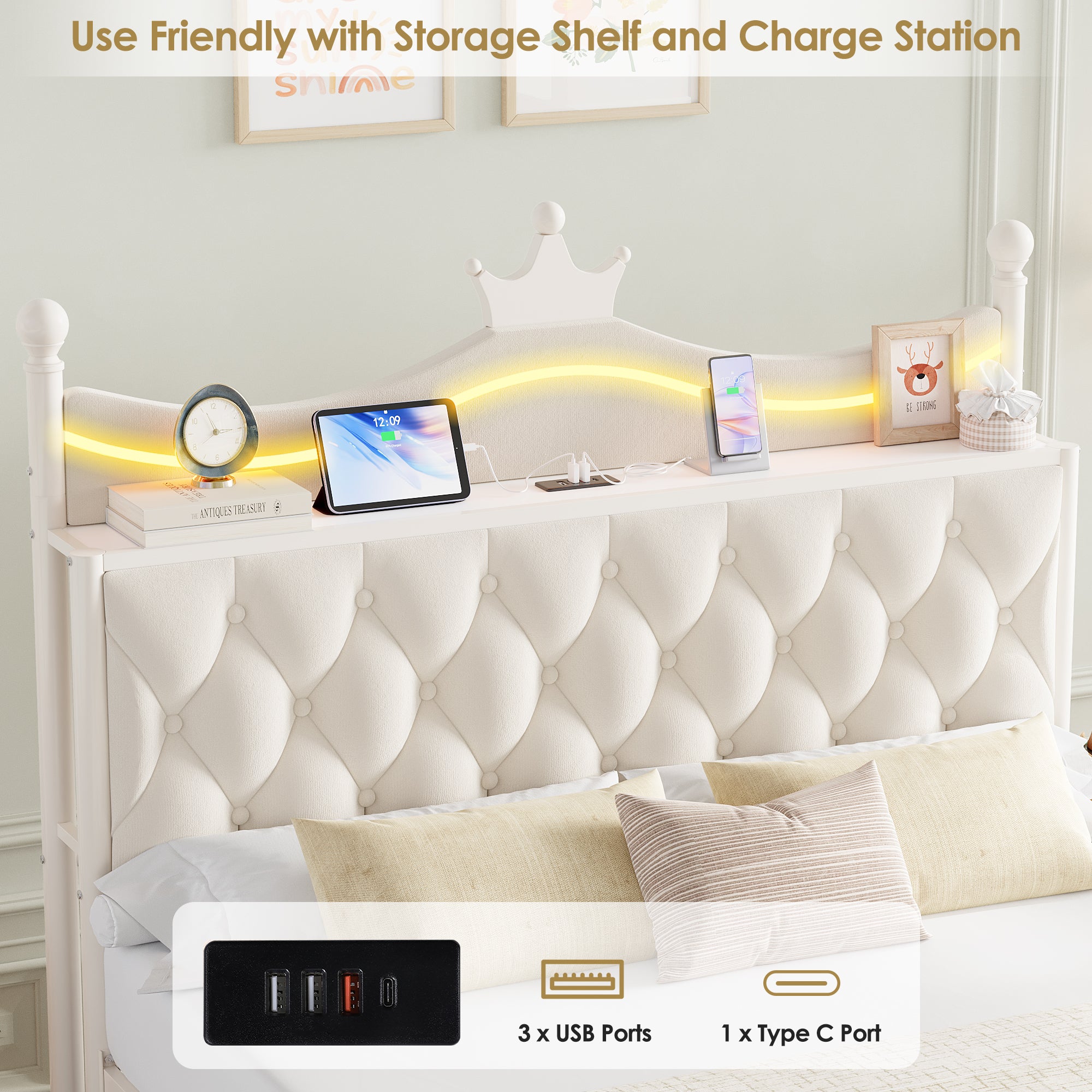 Hiphuta Full Size Crown Canopy Bed with Power Outlet & LED, Upholstered Princess Beds with 4 Removable Posts, Full Bed Frames, White