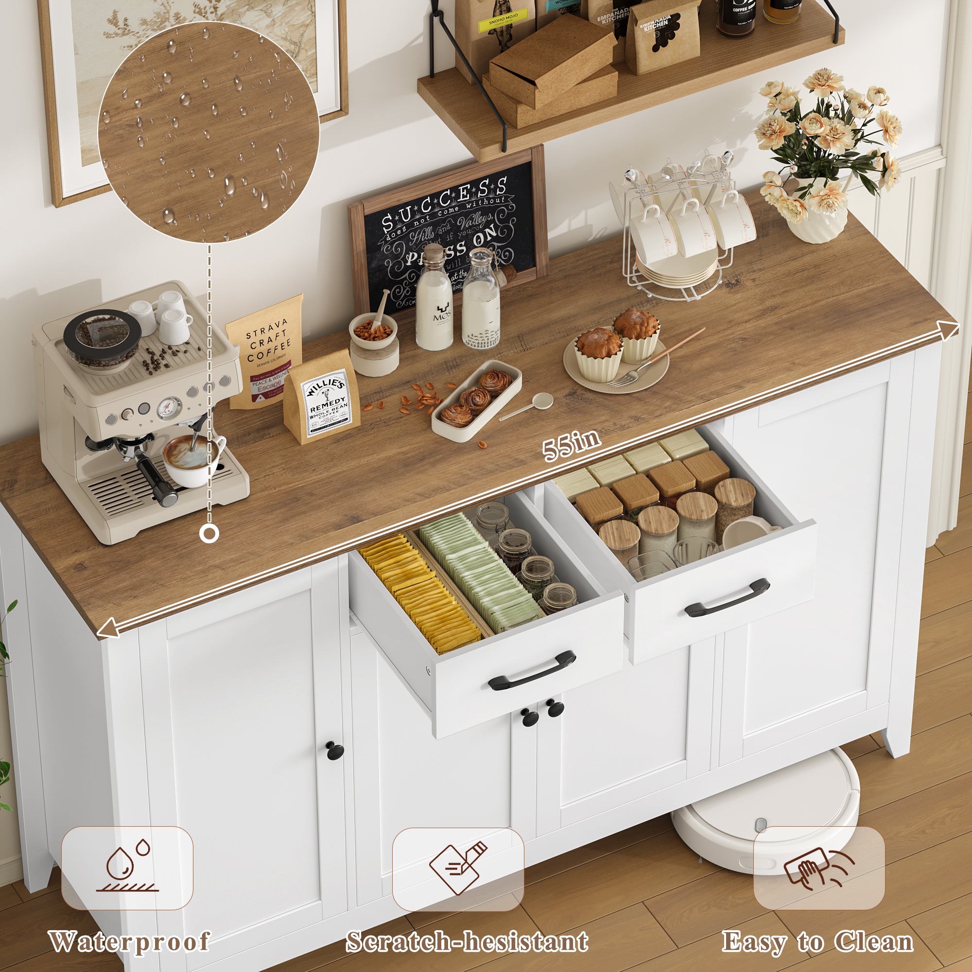 Hiphuta 55" Wide Buffet Cabinet with 2 Drawers & Adjustable Shelves, Modern Coffee Bar Cabinet with 2 Drawers and Sturdy Base for Living Room, White