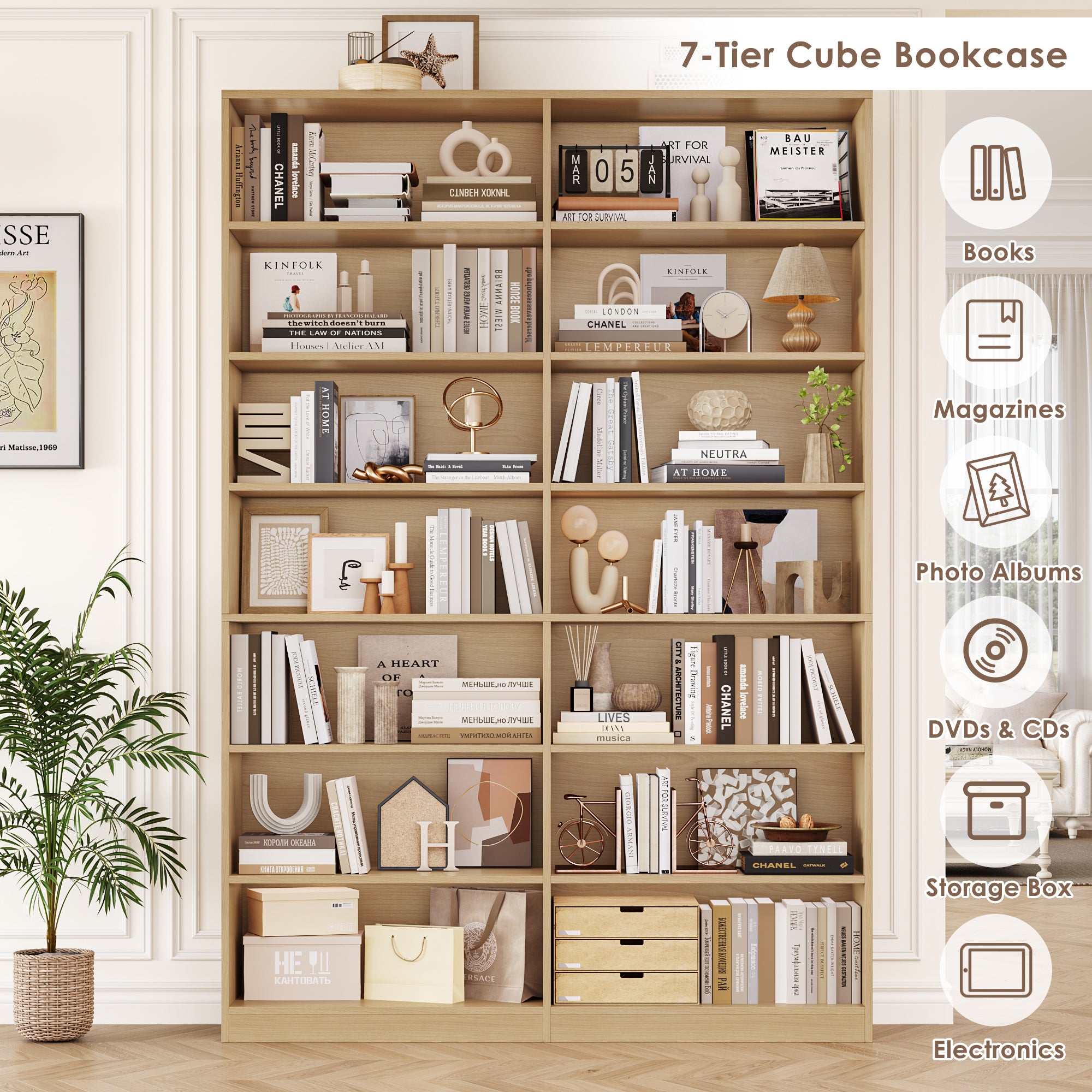Hiphuta 83.6"H x 47.2"W Wood Double 7-Tier Standard Bookcase, Tall Bookcase for Bedroom, Living Room and Office, Freestanding Display Storage Shelves, Natural