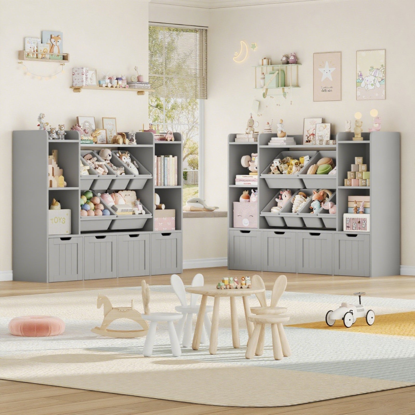 Hiphuta 3 Tier Kids Bookcase with Toy Storage Organizer, Wood Toy Organizer of 6 Boxes & 4 Removable Drawers, Gray