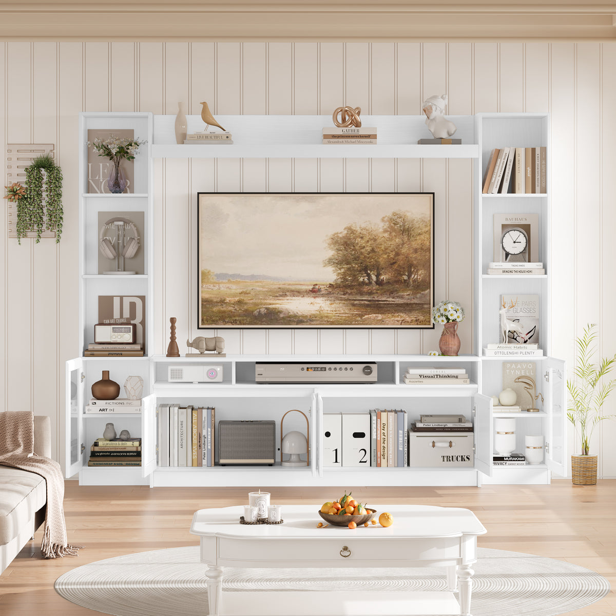 Hiphuta 79" W Wall Unit Entertainment Center for TVs up to 65", Farmhouse Wall Unit TV Stand with Bookshelves and Cabinet, Entertainment Center with LED Lights for Living Room, White