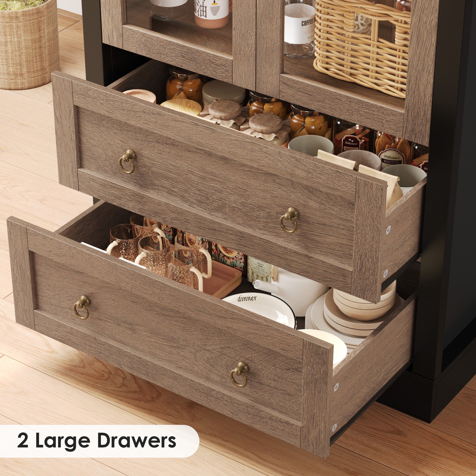 Hiphuta 70" Tall Arched Kitchen Pantry Storage Cabinet with 2 Large Drawers, Freestanding Modern Farmhouse Versatile Hutch Cupboard for Dining Room, Black & Oak