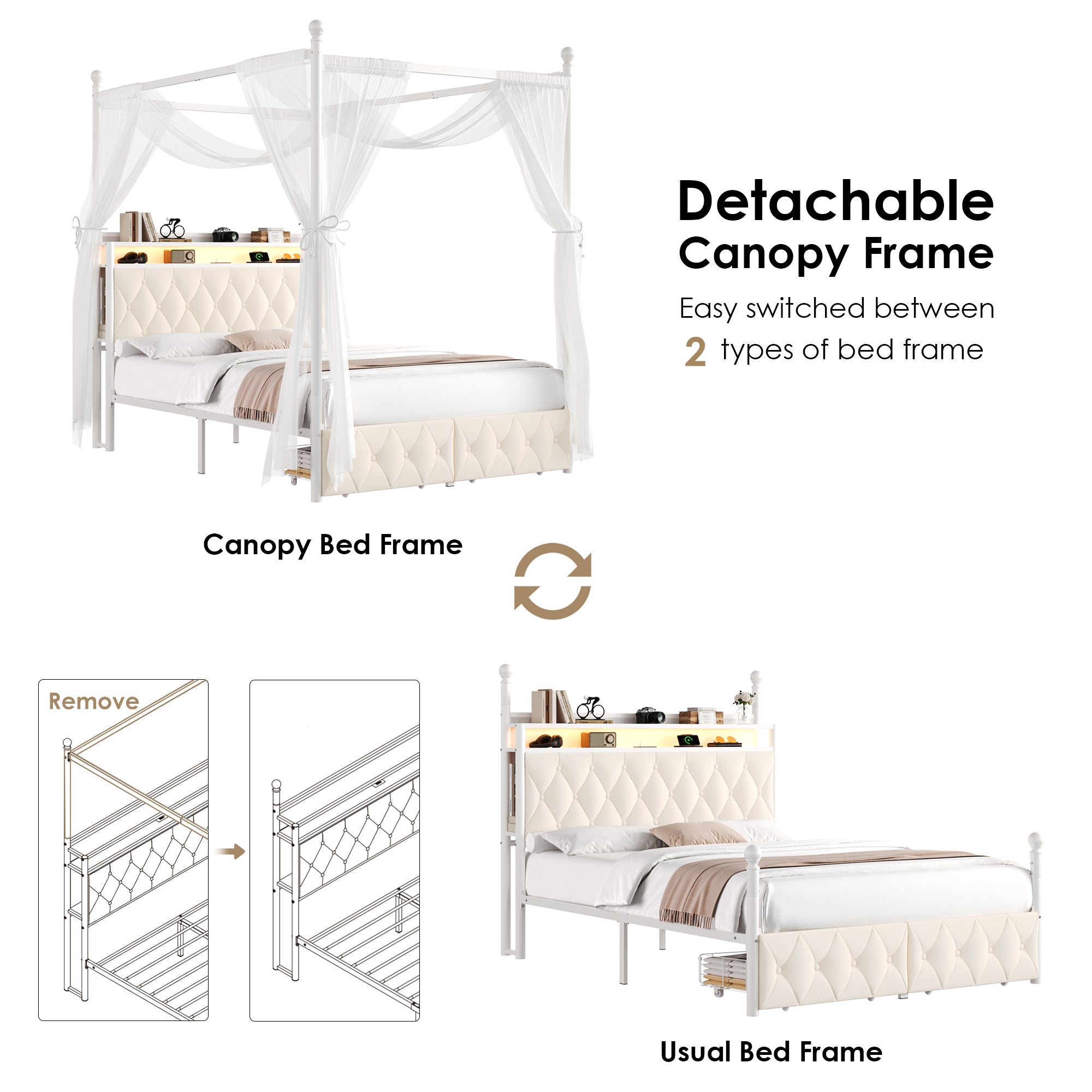 Hiphuta Queen Size Upholstered Canopy Bed with Charging Station & Storage Drawer, Metal Platform Bed with Button Tufted Headboard, Queen Velvet Bed for Adults, Curtain Not Included, Beige