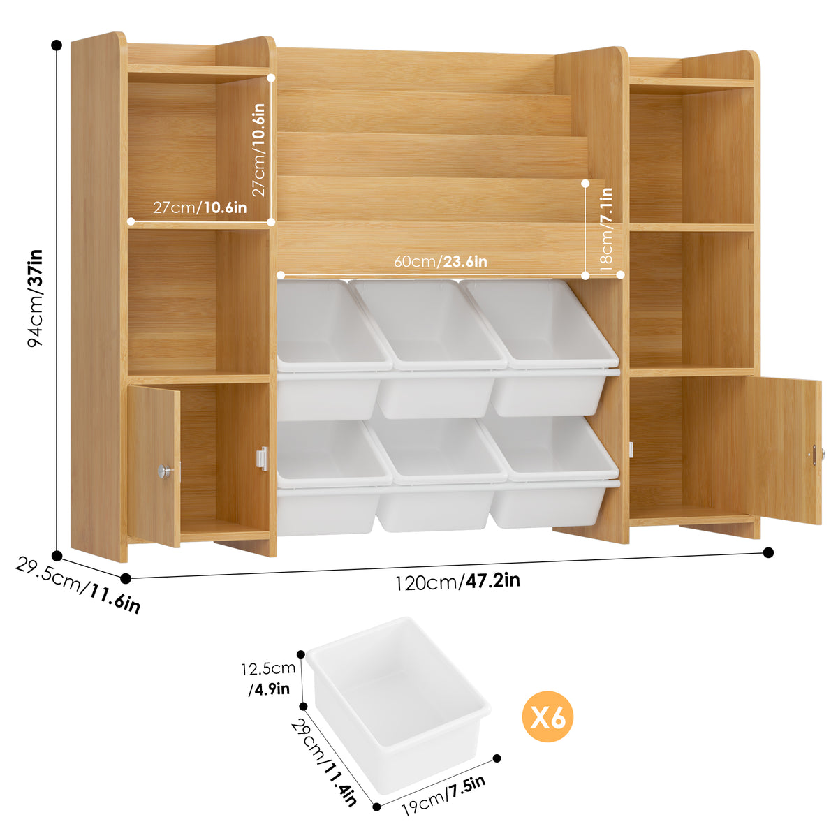 Hiphuta Kids Bookshelf with Toy Storage Organizer, Wood Bookcase Toy Organizer with 6 Removable Bins, Book Shelf for Kids Bedroom Playroom, Natural